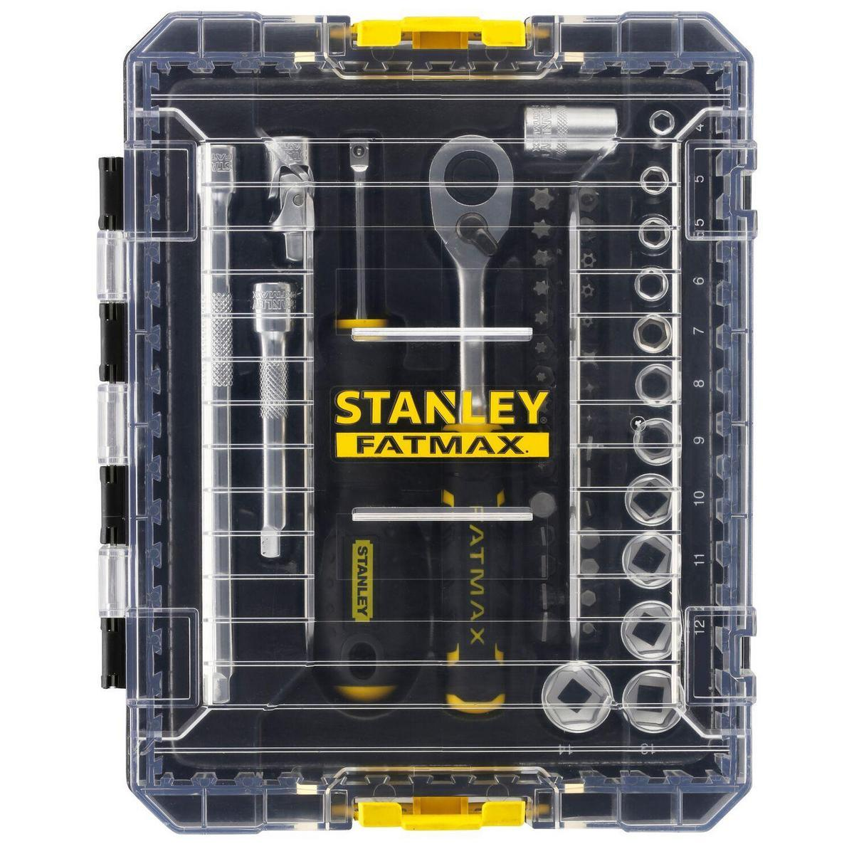 Zestaw narzędzi Stanley Fatmax w przezroczystym plastikowym etui.