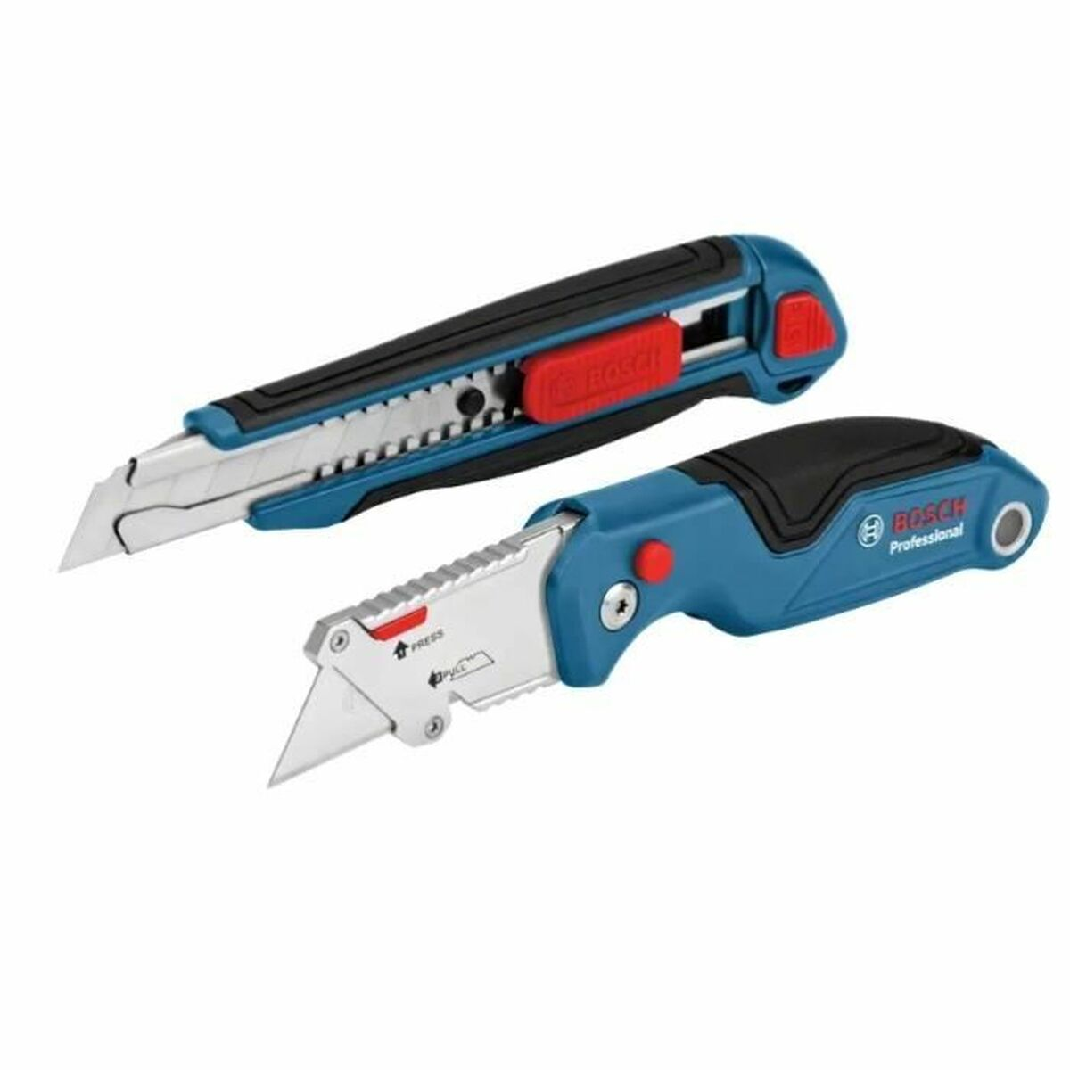 Zwei blaue und schwarze Teppichmesser. Eines geschlossen, eines mit ausgezogener Klinge, auf weißer Oberfläche.