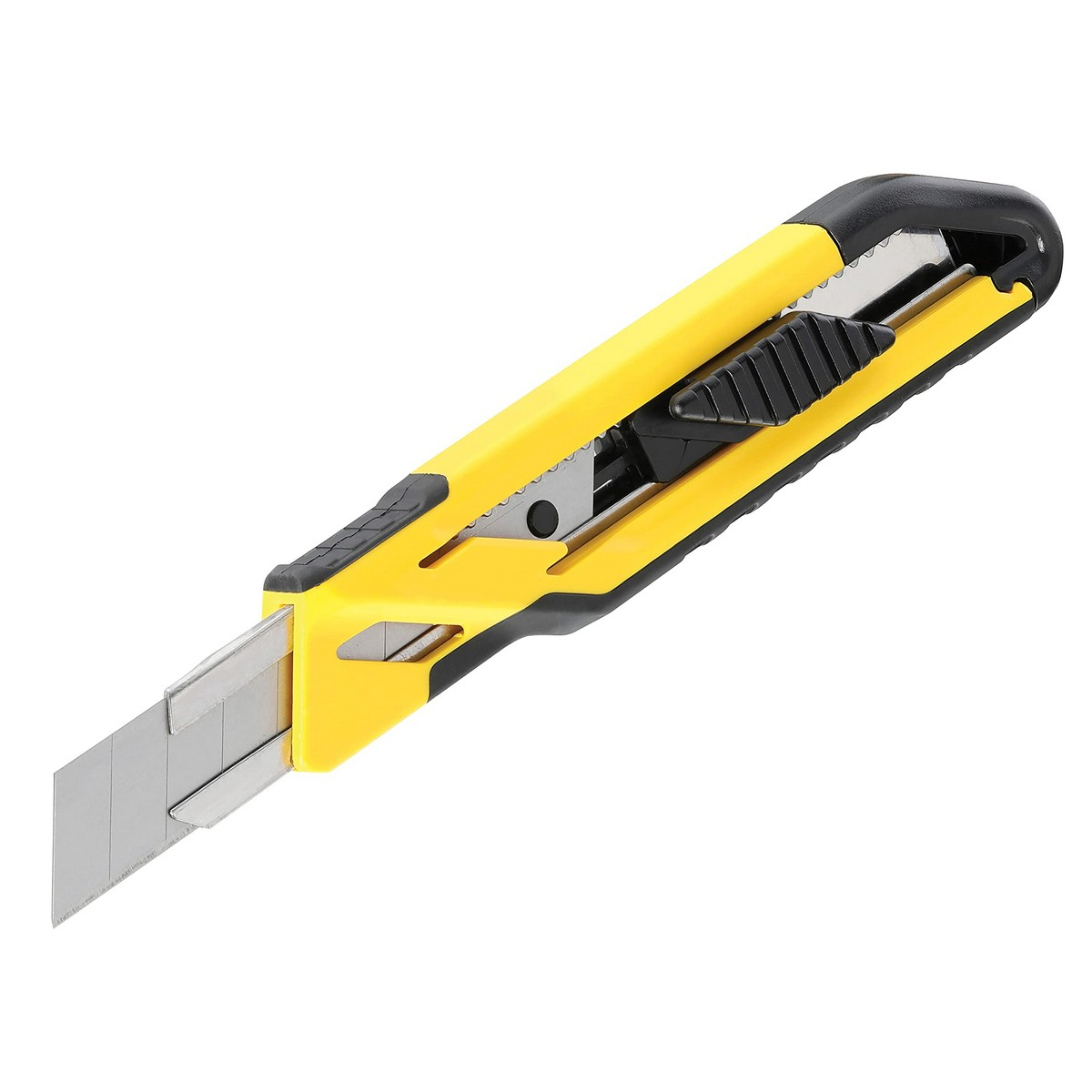 Ein gelb-schwarzes Cuttermesser mit ausgezogener Klinge, auf weißer Oberfläche.