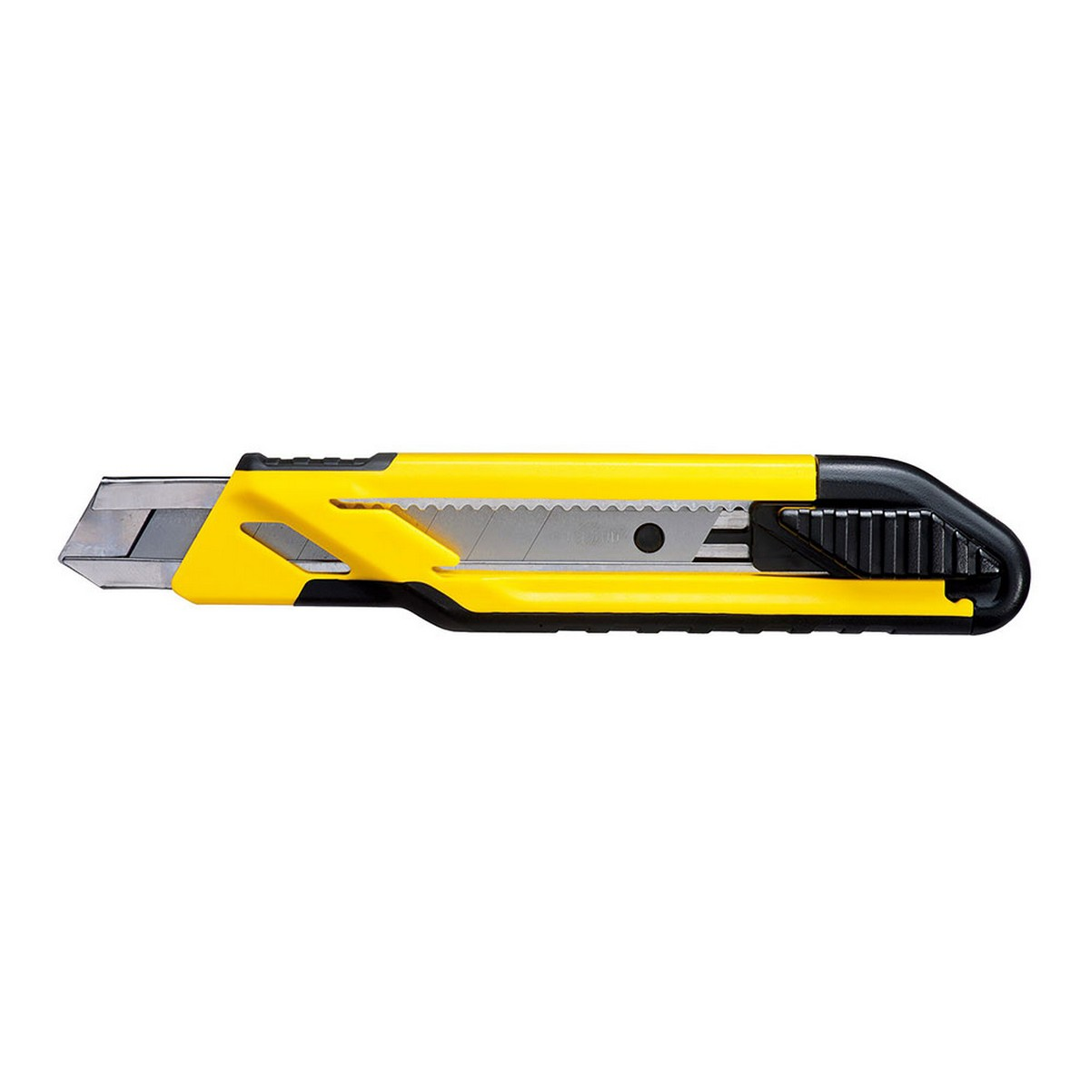 Ein gelb-schwarzes Cuttermesser mit ausgezogener Klinge, auf weißem Hintergrund.