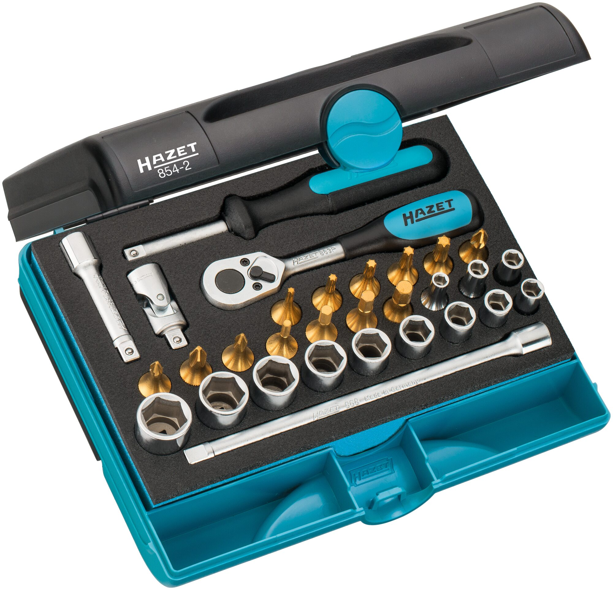 Zestaw narzędzi w niebieskiej walizce. Zawiera klucze, nasadki i bity do wkrętaków. Marka Hazet.