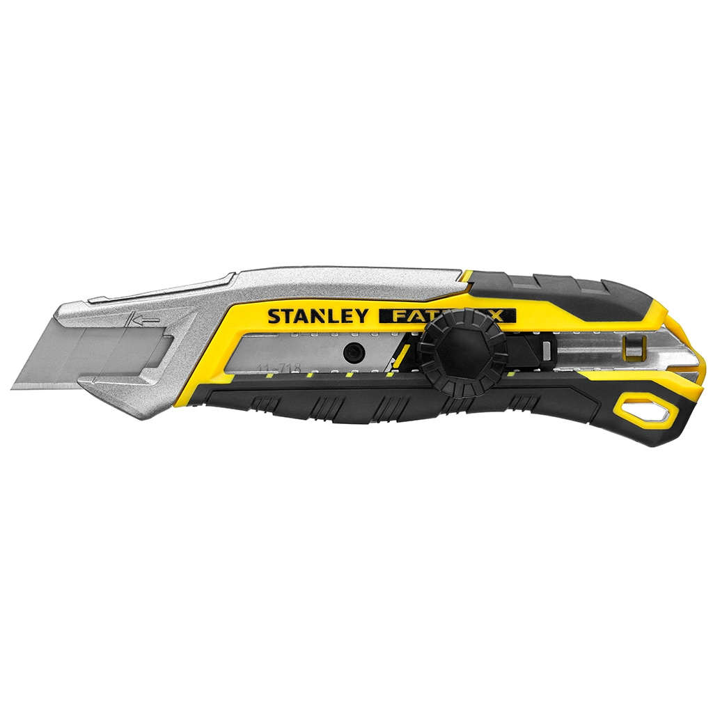 Stanley FatMax-Teppichmesser, silberne Klinge, schwarz, gelb und graues Gehäuse.