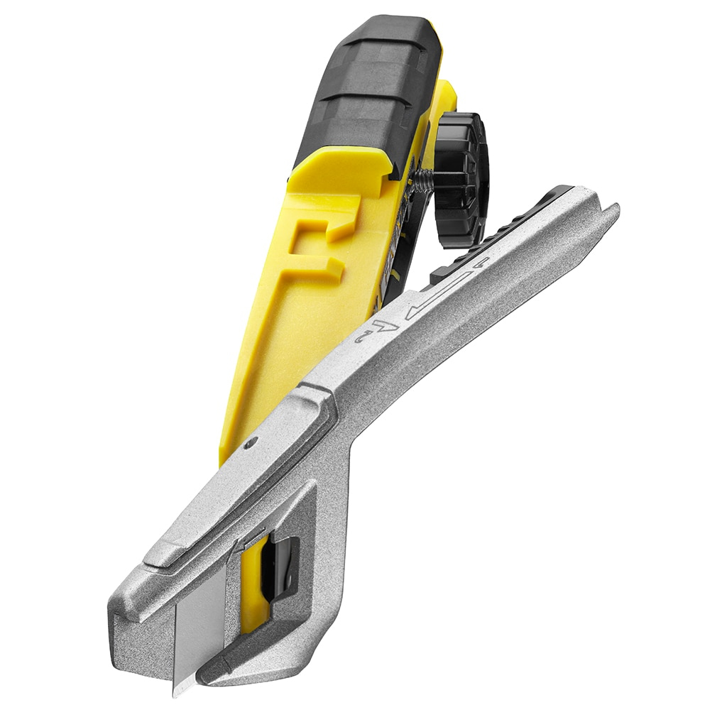 Teppichmesser mit silberner Klinge und gelb-schwarzem Gehäuse, abgewinkeltes Design.