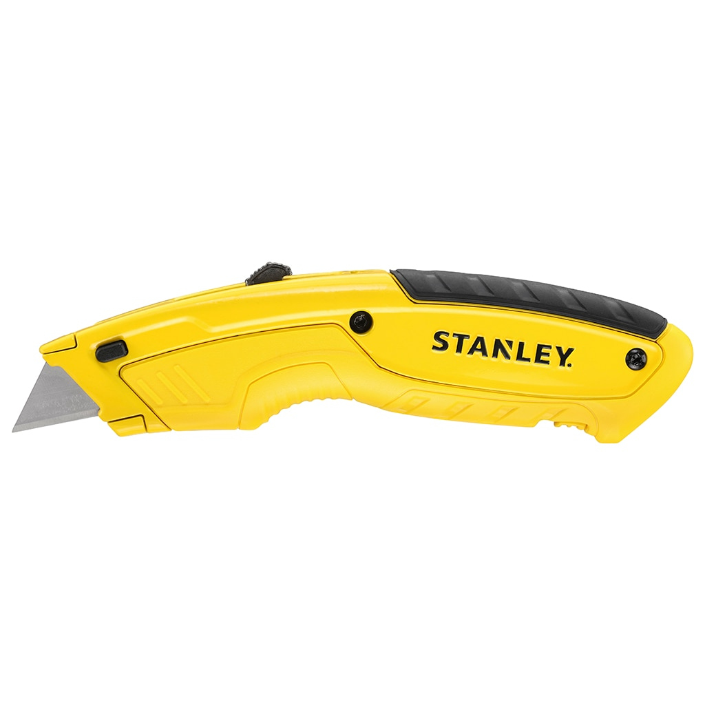 Ein gelbes Stanley-Teppichmesser mit schwarzem Griff und silberner Klinge.