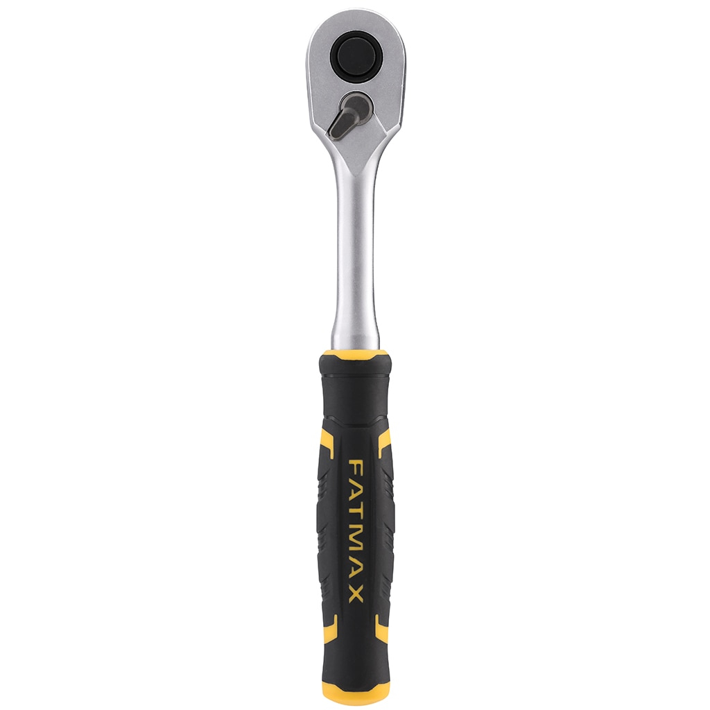 Una llave de carraca FATMAX plateada y negra con mango amarillo y negro.