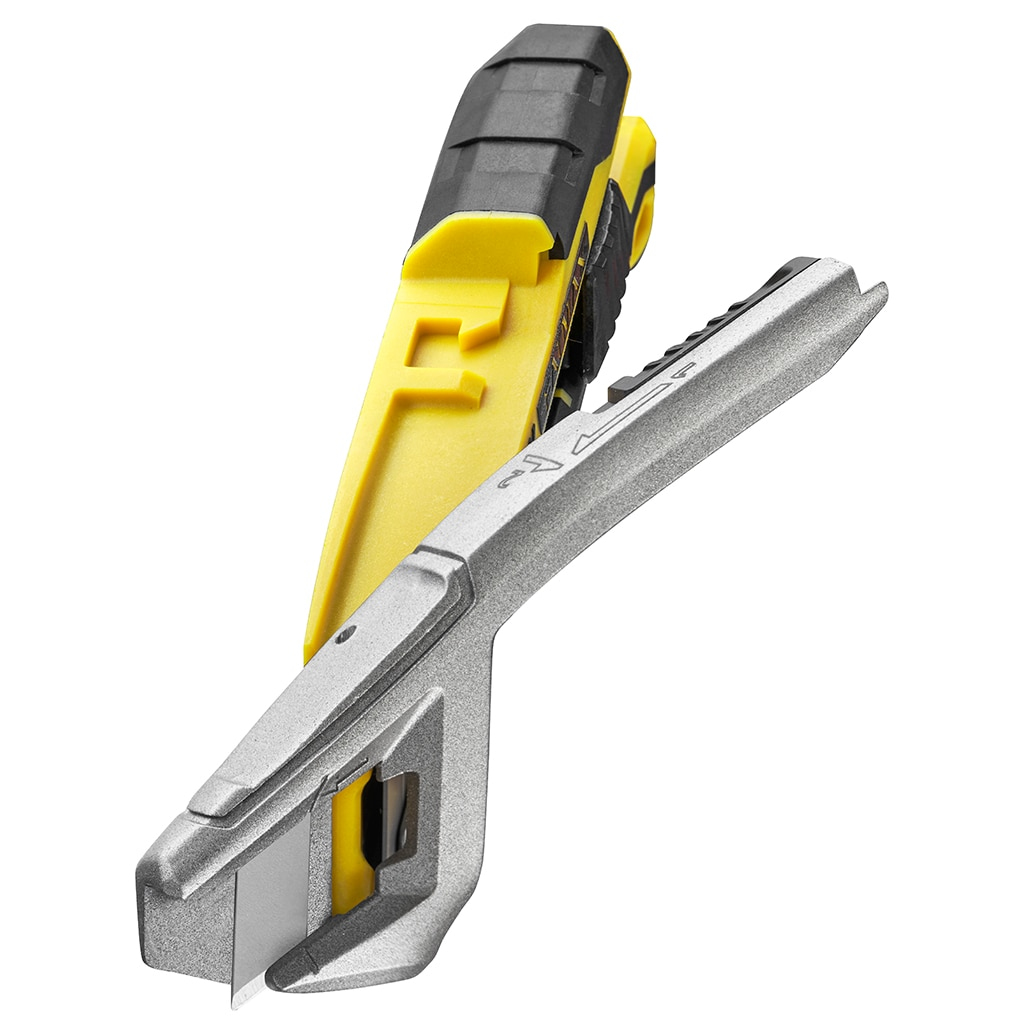 Universalmesser, Stanley FatMax, geöffnet. Gelb-schwarzer Griff, silberne Klinge. Winkelansicht.