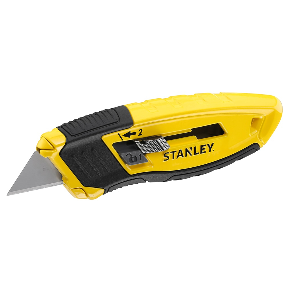 Sarı ve siyah Stanley maket bıçağı, beyaz zemin üzerinde, bıçak uzatılmış.