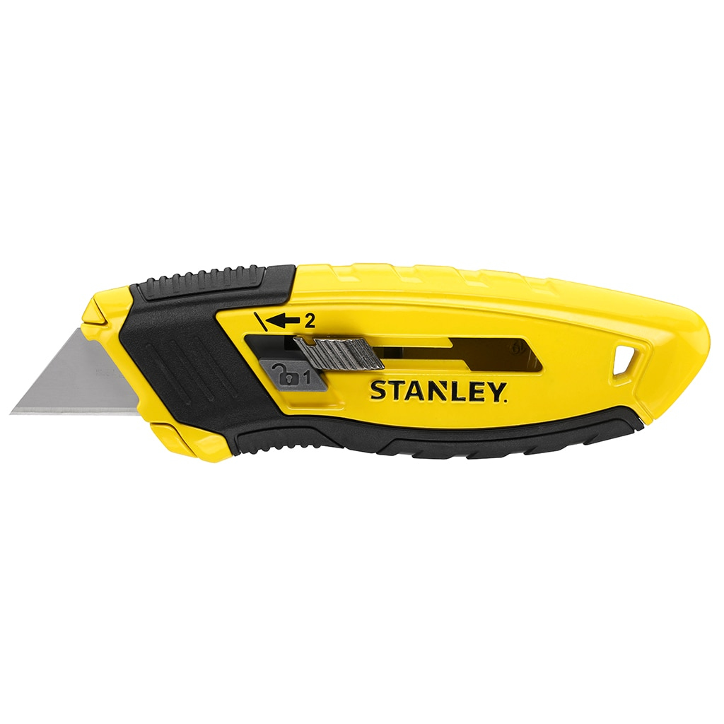 Sarı ve siyah Stanley maket bıçağı, bıçak uzatılmış.