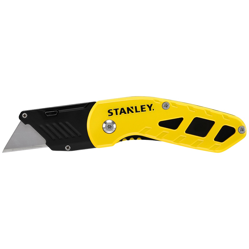 Gelb-schwarzes Stanley-Teppichmesser mit ausgeklappter Klinge.