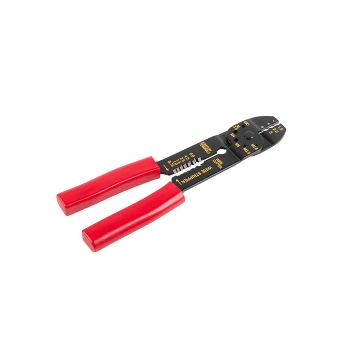 Ściągacz izolacji z czerwonymi uchwytami, czarnymi ostrzami i oznaczeniami.