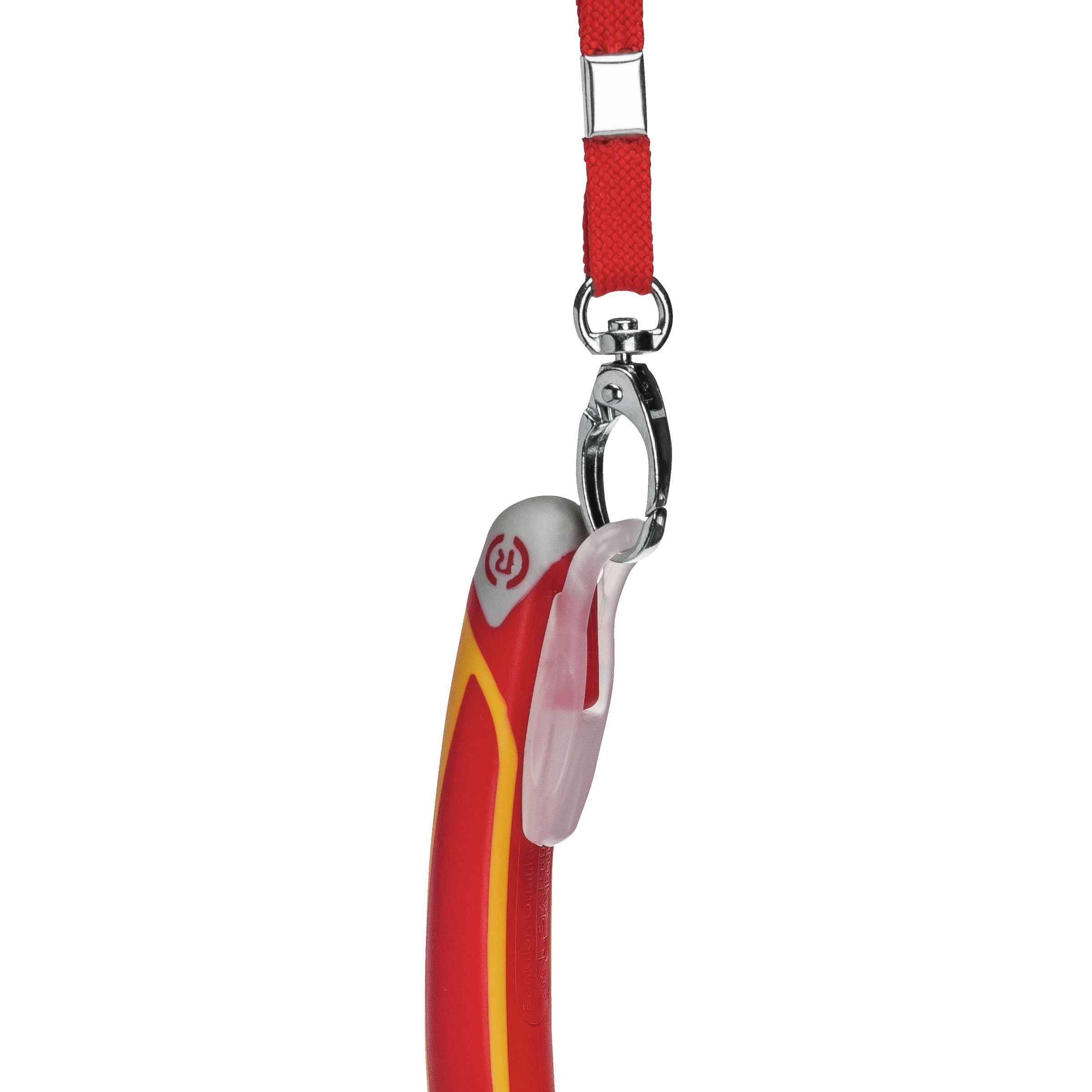 Rotes Schlüsselband mit silbernem Clip und Werkzeug. Weißer Hintergrund.