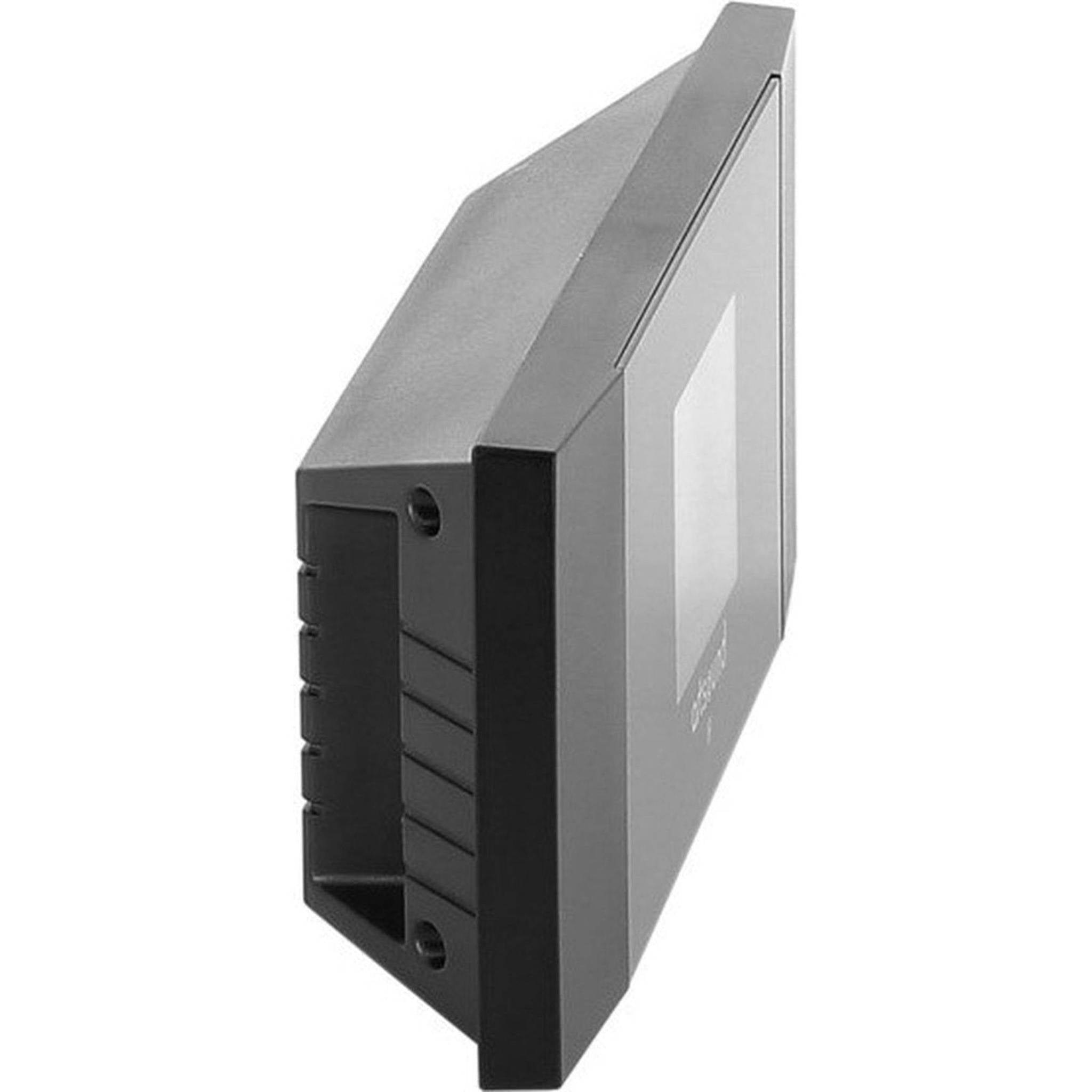 A black, rectangular wall-mounted device. It has a display screen and several ports on the side.