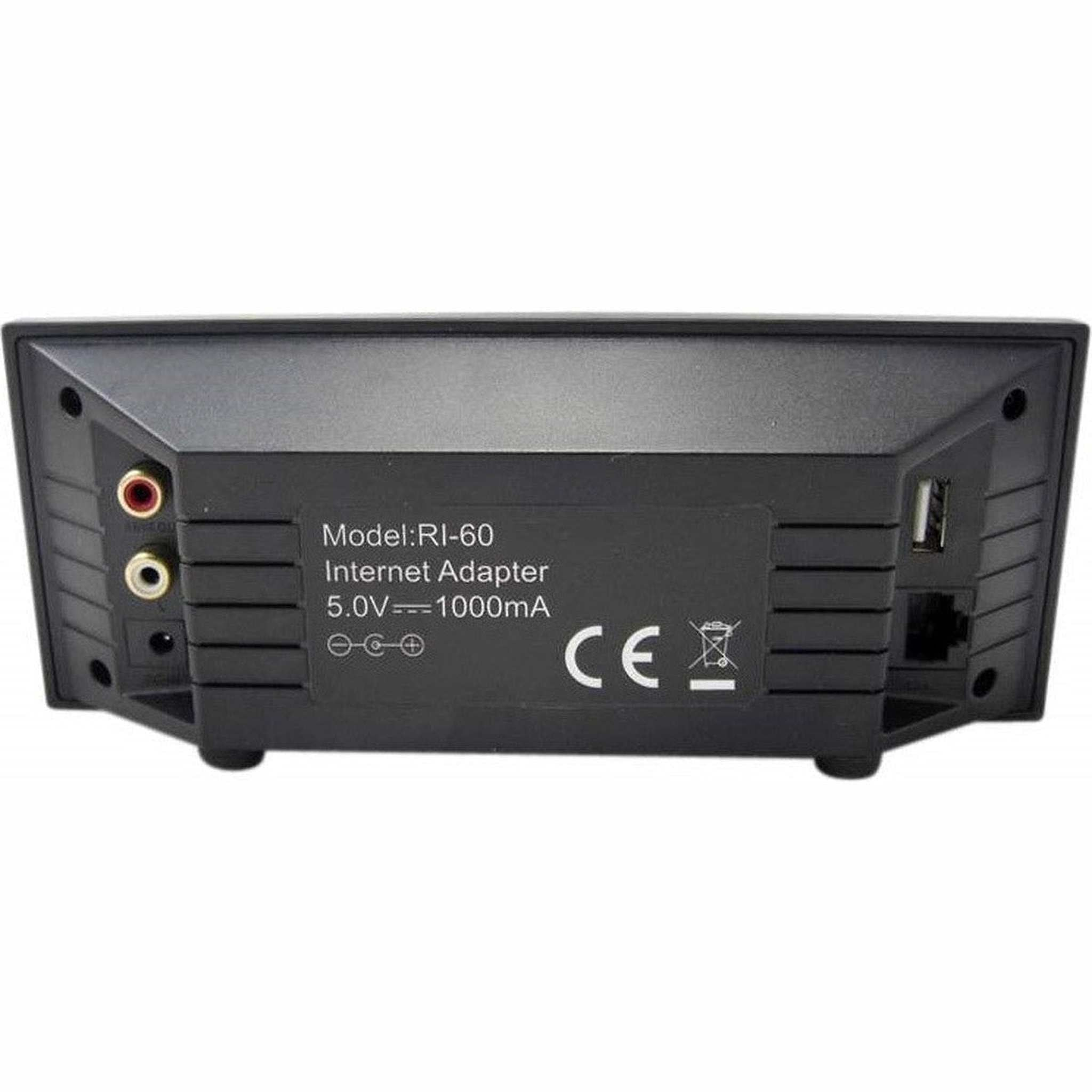 Black internet adapter with ports and labels, CE mark visible.