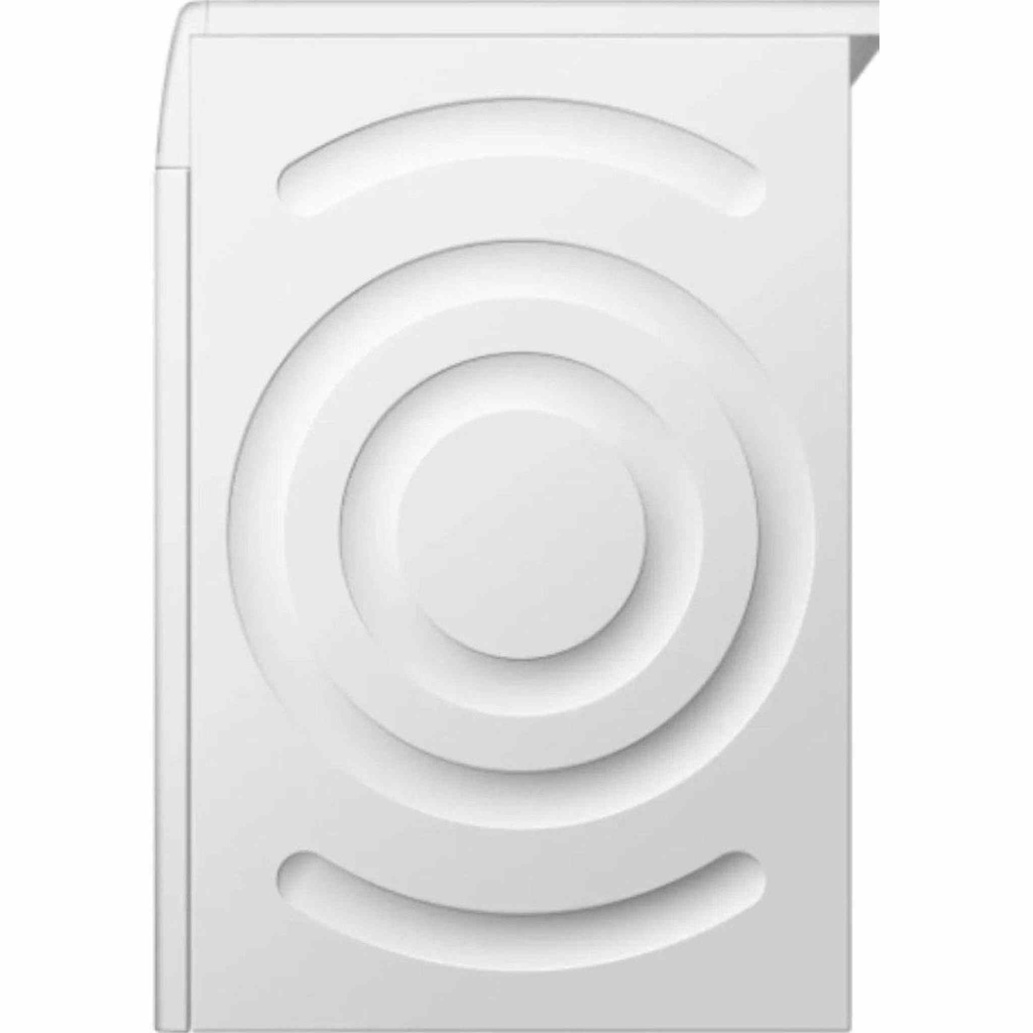 Widok z przodu białej pralki. Ma koncentryczny wzór okręgów z przodu.