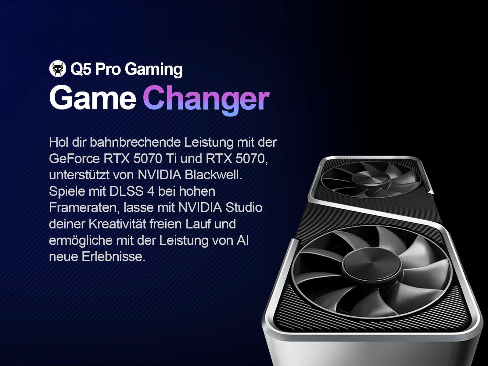 Grafika promocyjna z tekstem dla Q5 Pro Gaming. Pokazano dwie czarne karty graficzne.