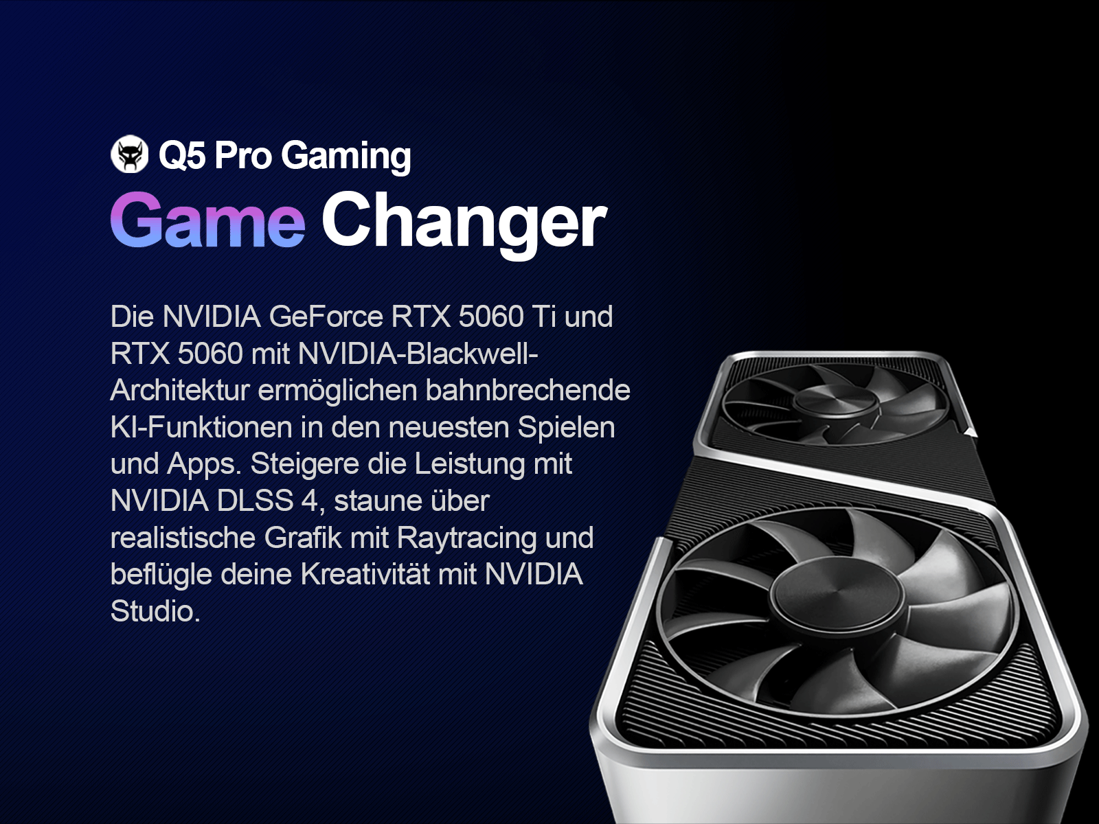 Reklama karty graficznej. Zawiera tekst i obrazy karty graficznej z dwoma wentylatorami. Ciemnoniebieskie tło.