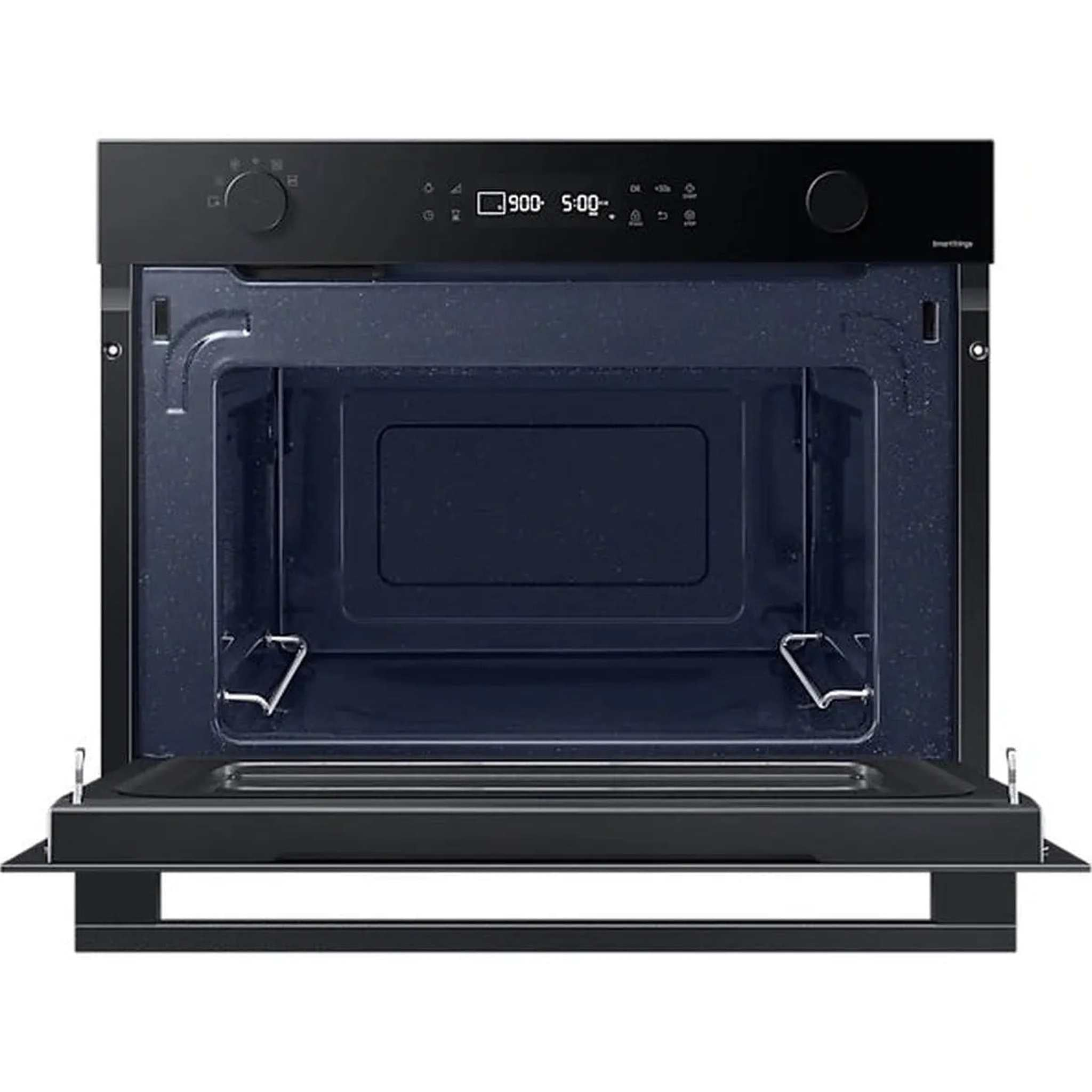 Forno a microonde nero con porta aperta, interno visibile, comandi in alto.