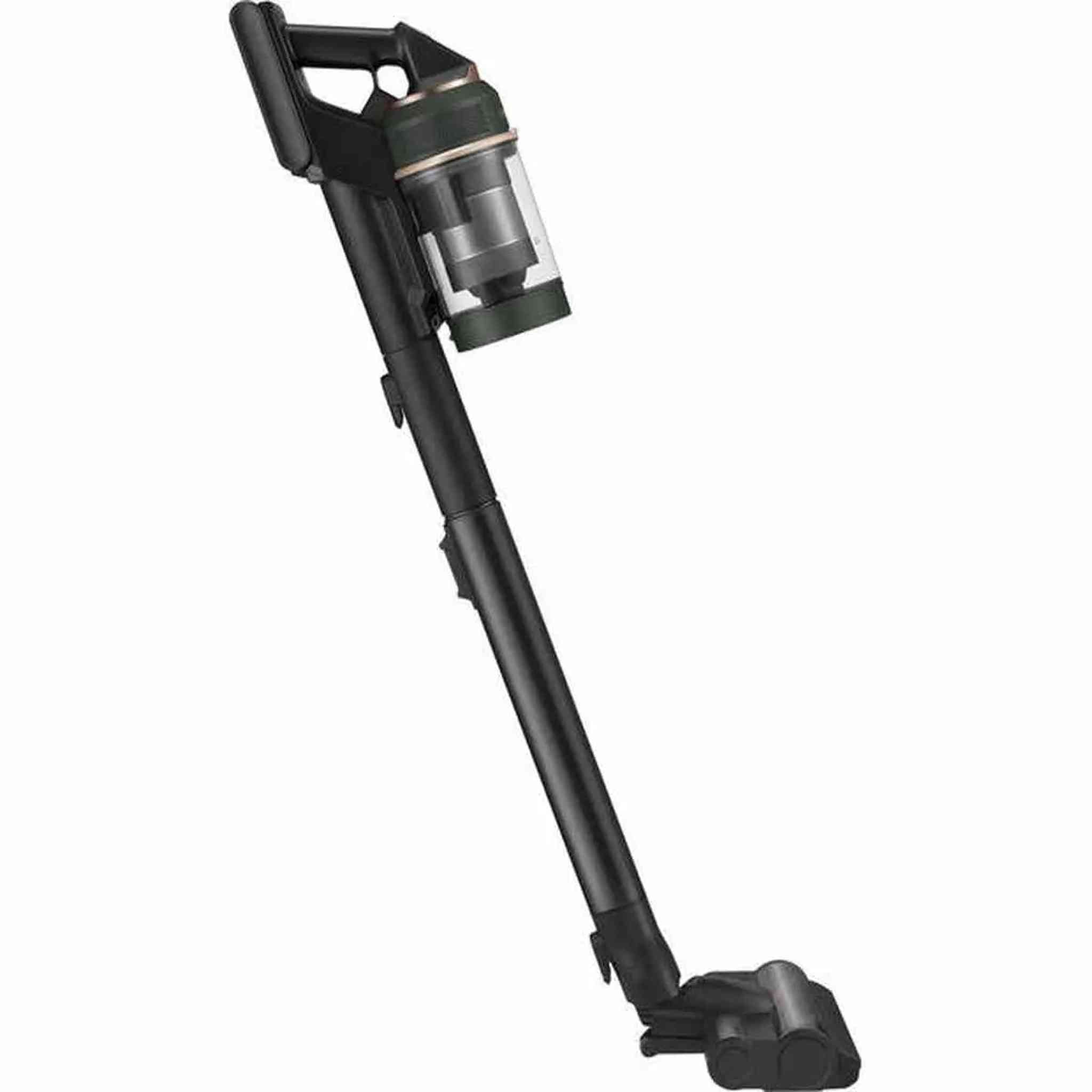 Black vacuum cleaner, upright style. Dark handle and canister. White background.