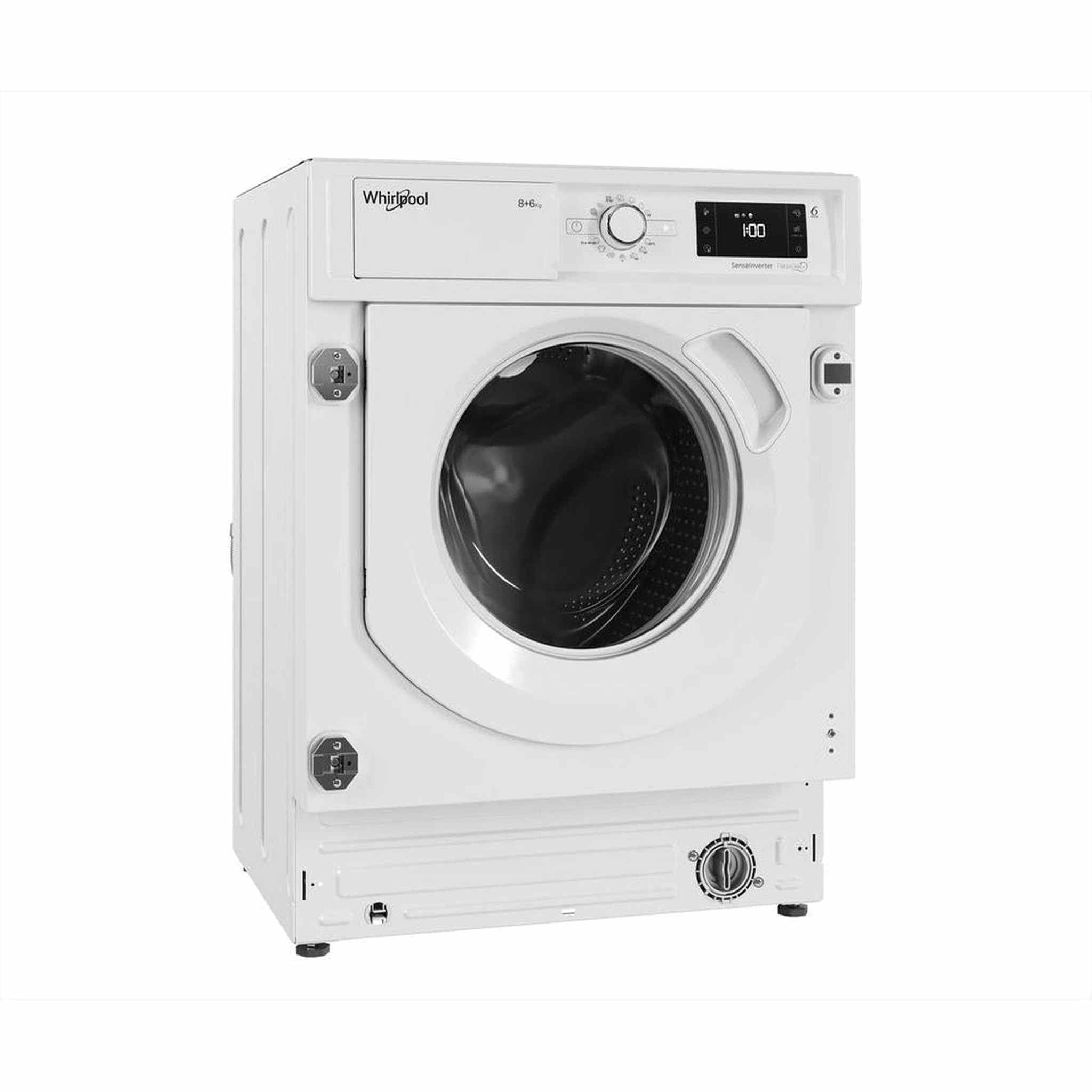 Una lavadora Whirlpool blanca. Tiene una puerta redonda y un panel de control con pantalla digital y varios botones.