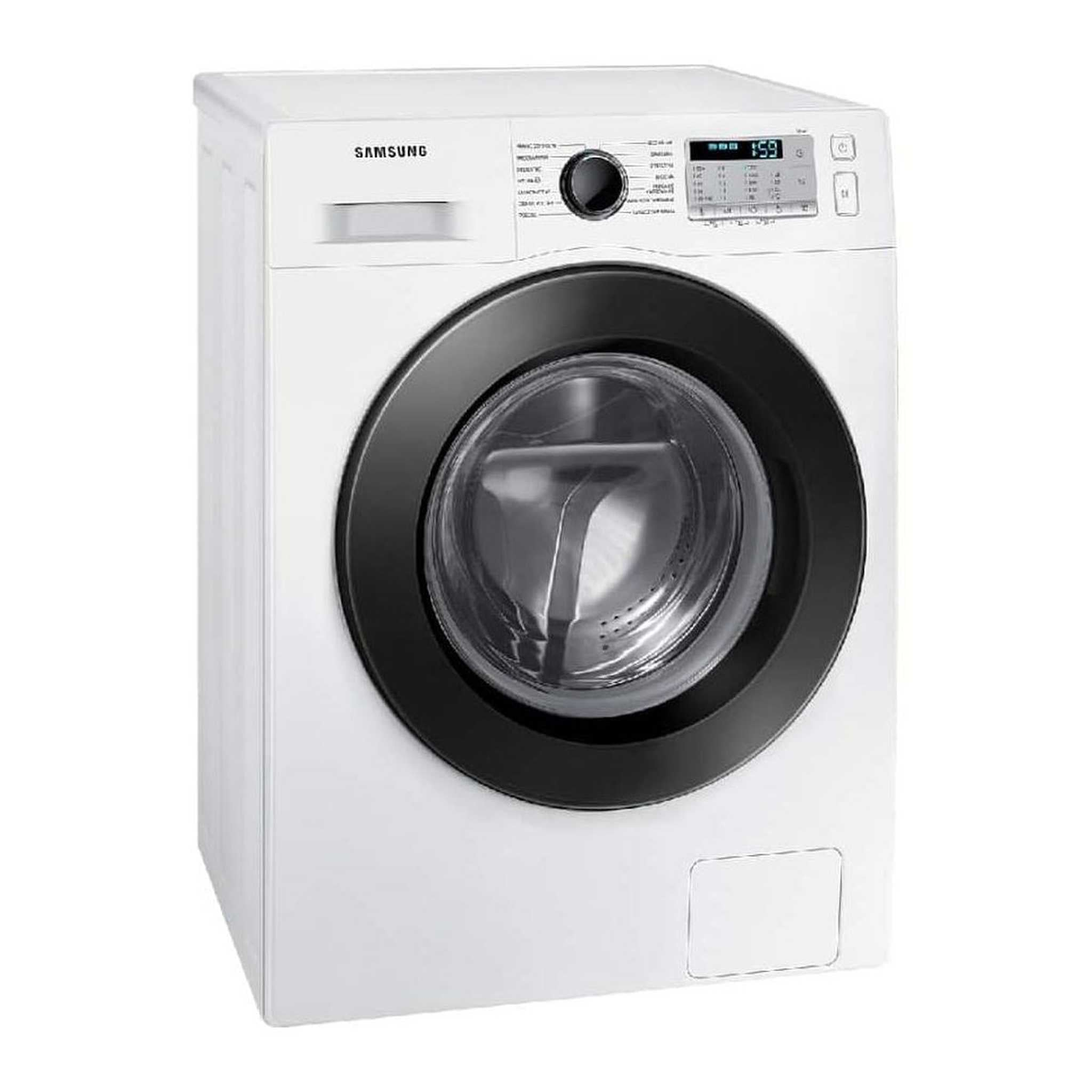 A white Samsung washing machine. It has a black door frame and control panel with a digital display.