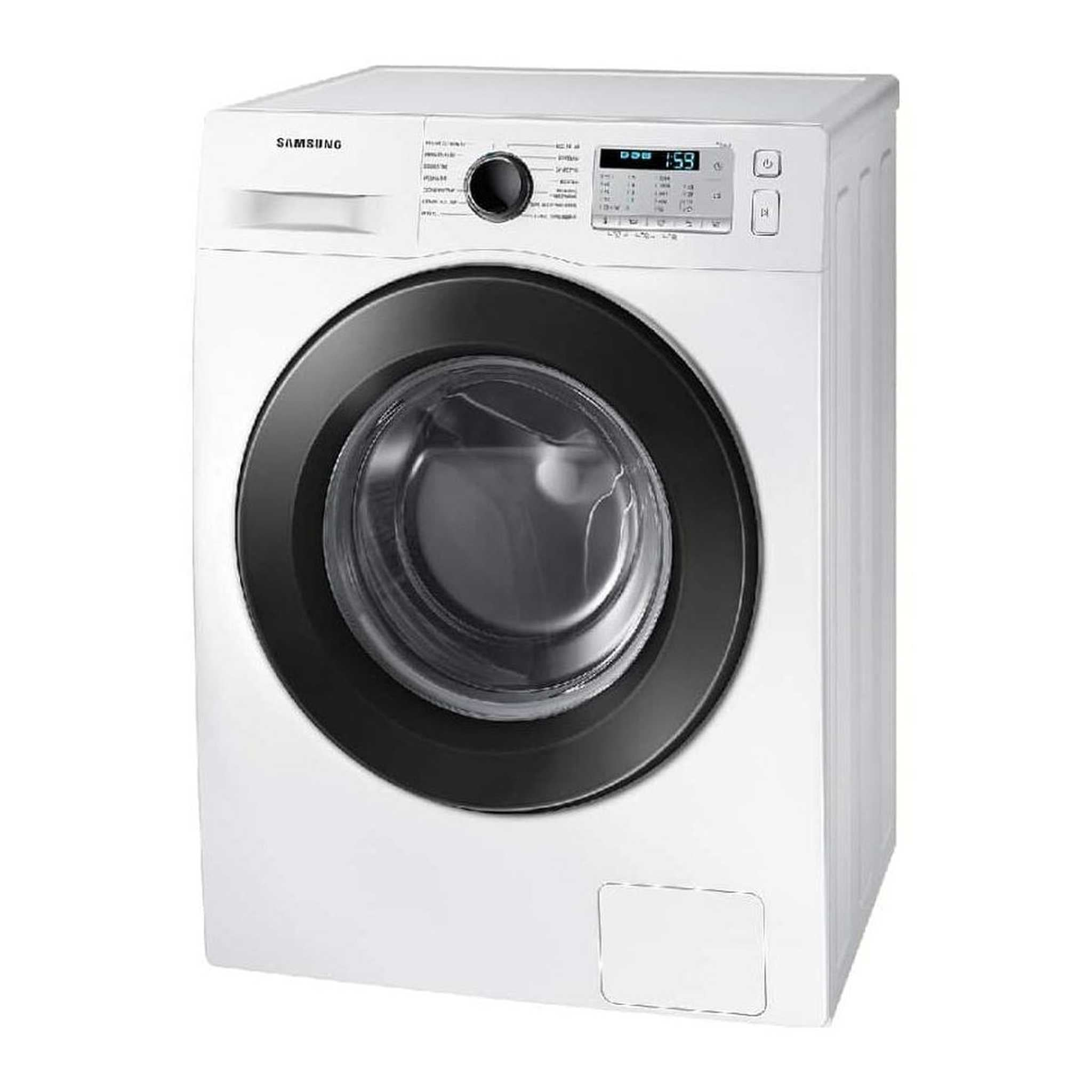 A white Samsung washing machine. It has a black door and a digital display. The machine is on a white background.