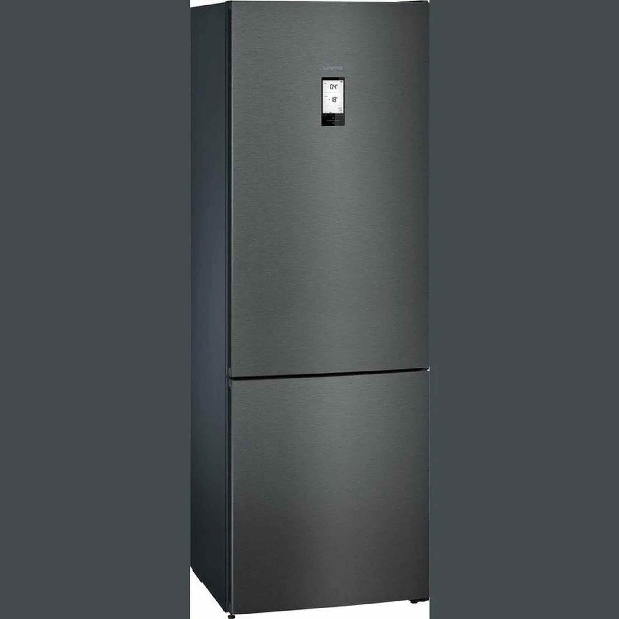 Black Siemens refrigerator with two doors and a digital display. Dark gray background.