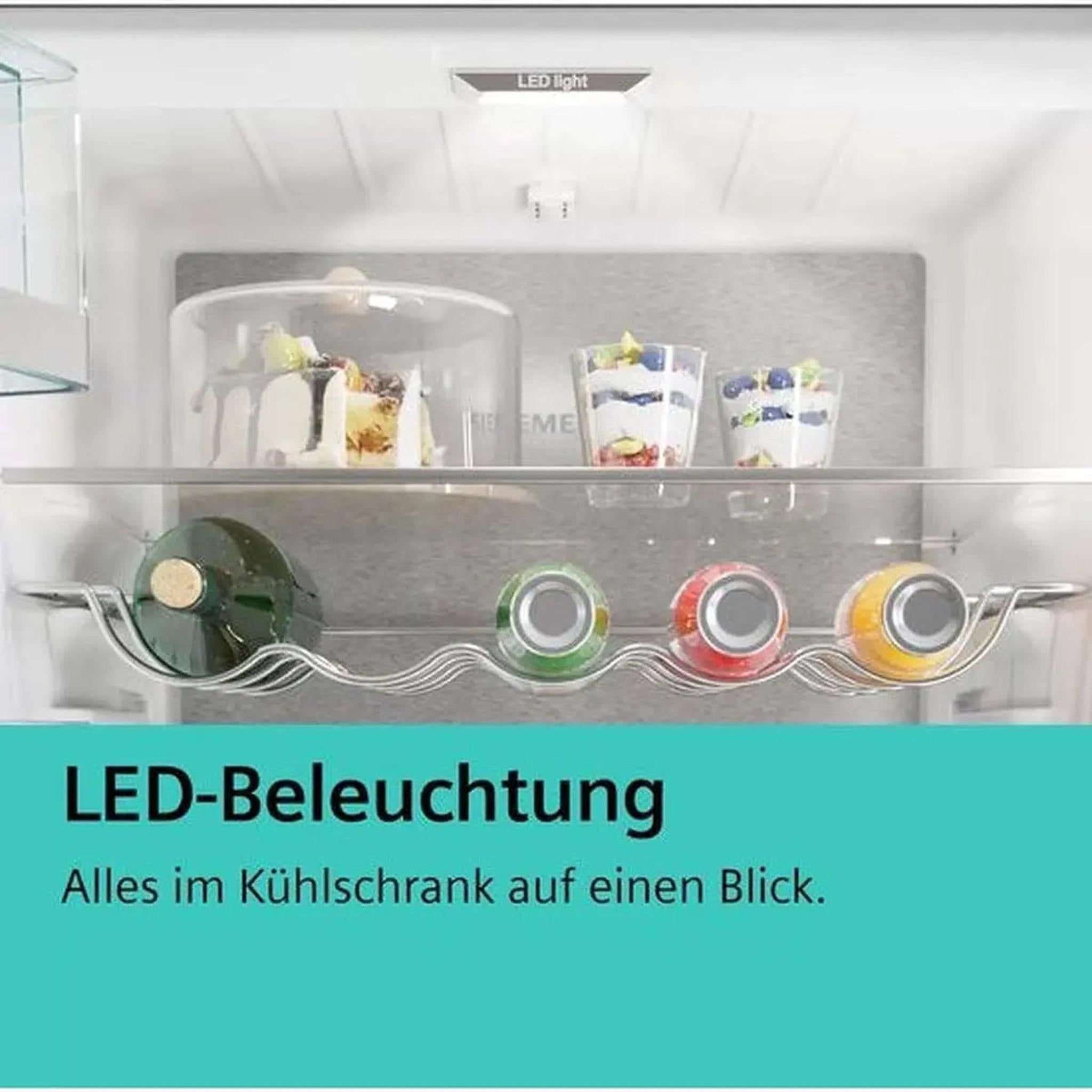 Inside a refrigerator, showing shelves with food and beverages.