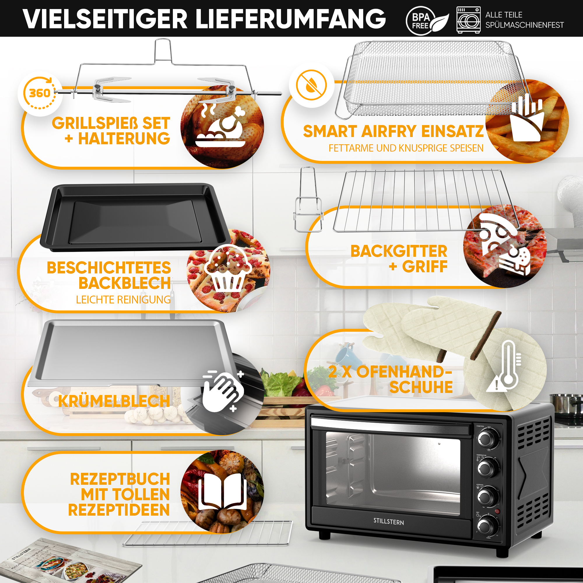 Verschiedenes Küchenzubehör, darunter eine Heißluftfritteuse, ein Grillset, ein Backblech und Ofenhandschuhe.