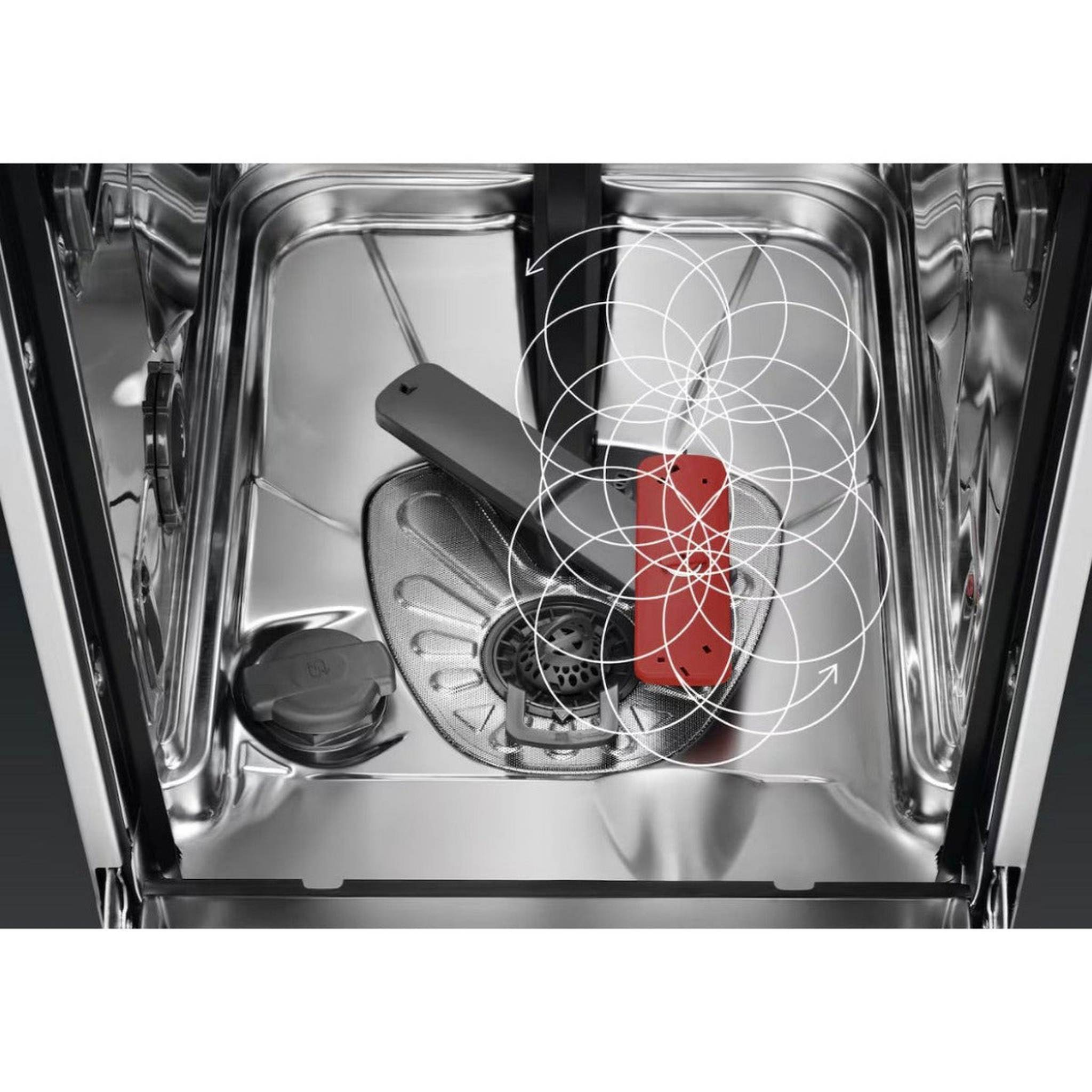 Intérieur d'un lave-vaisselle avec des bras de pulvérisation et un composant rouge en bas.