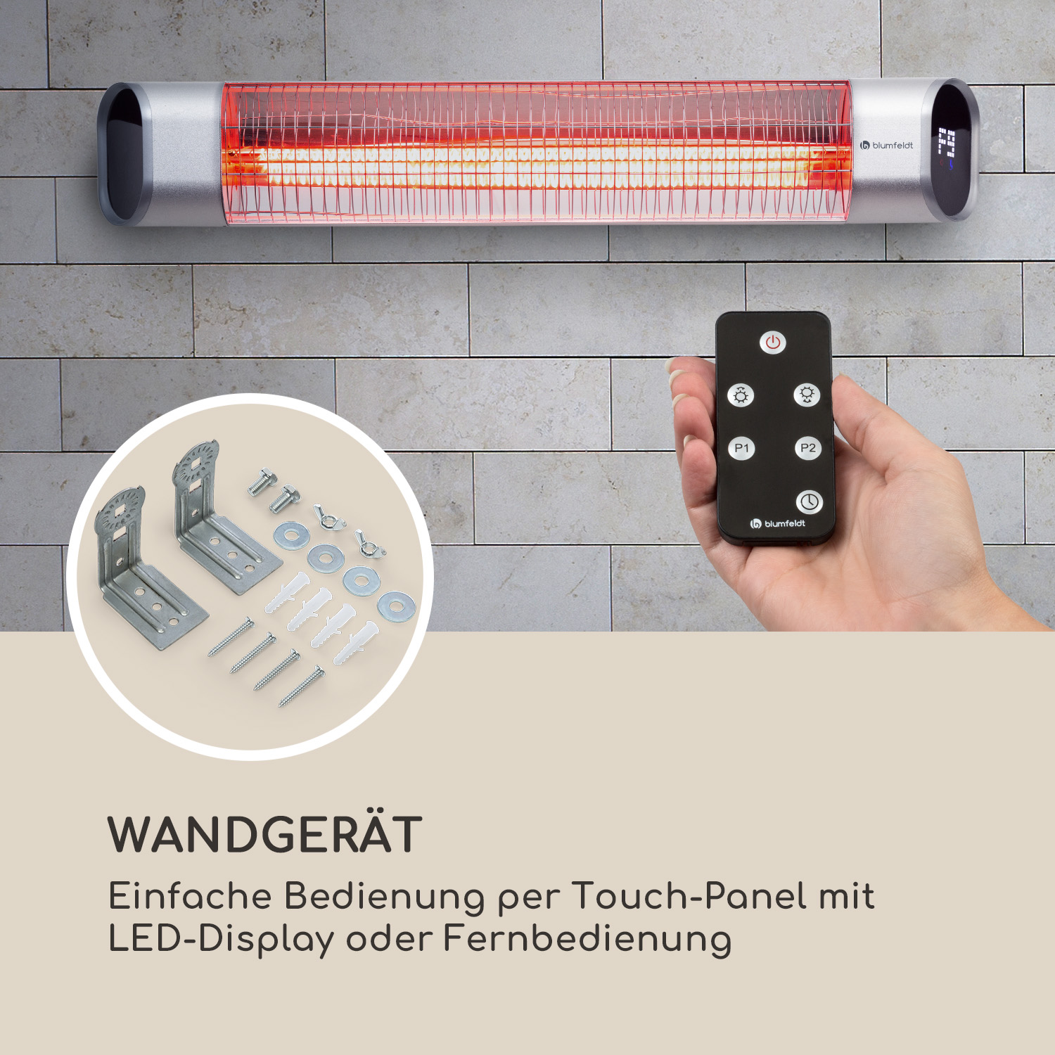 Wandheizung mit Fernbedienung, Halterungen und Schrauben an strukturierter Wand.