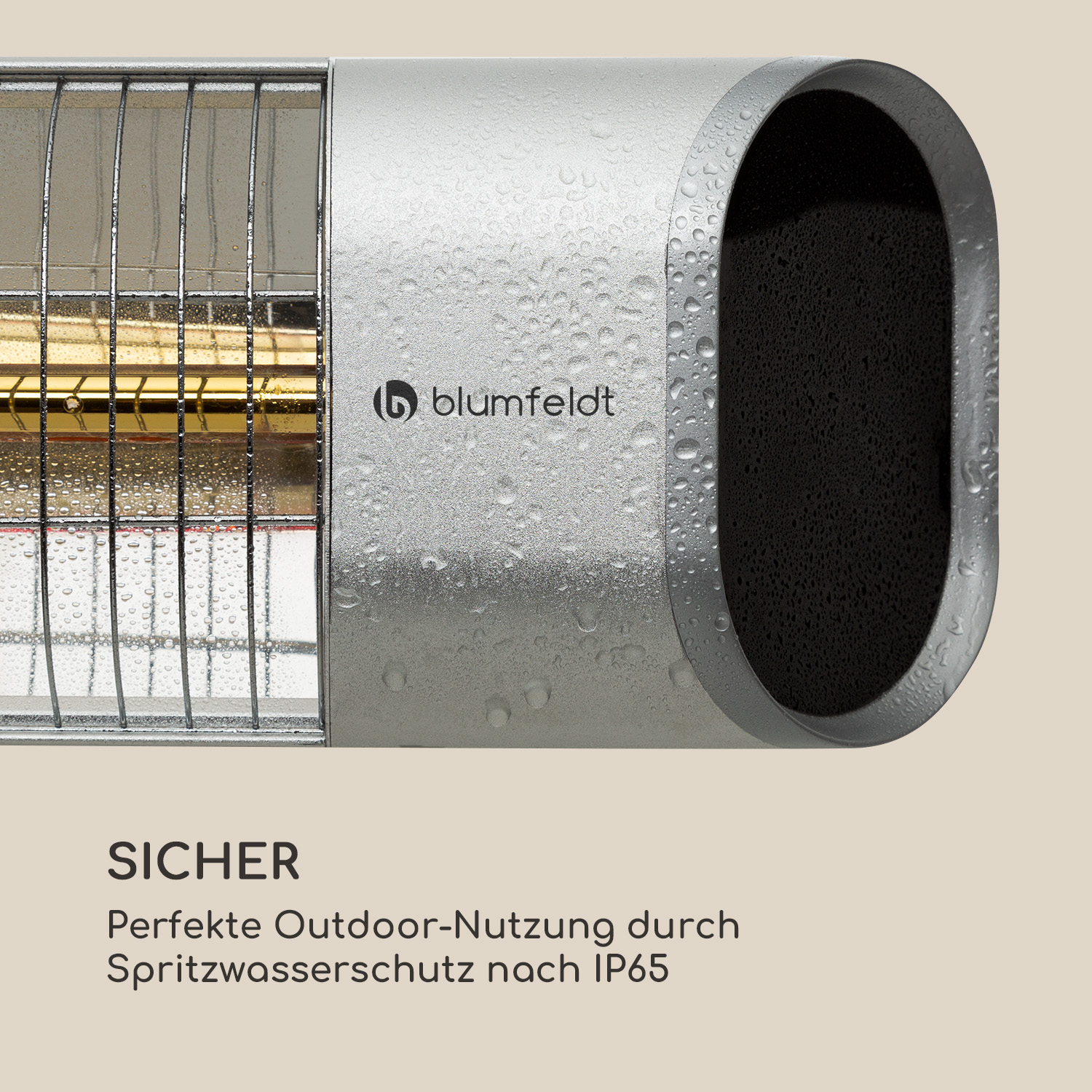 Silberner Blumfeldt Heizstrahler mit SIcher-Text, Wassertropfen sichtbar.