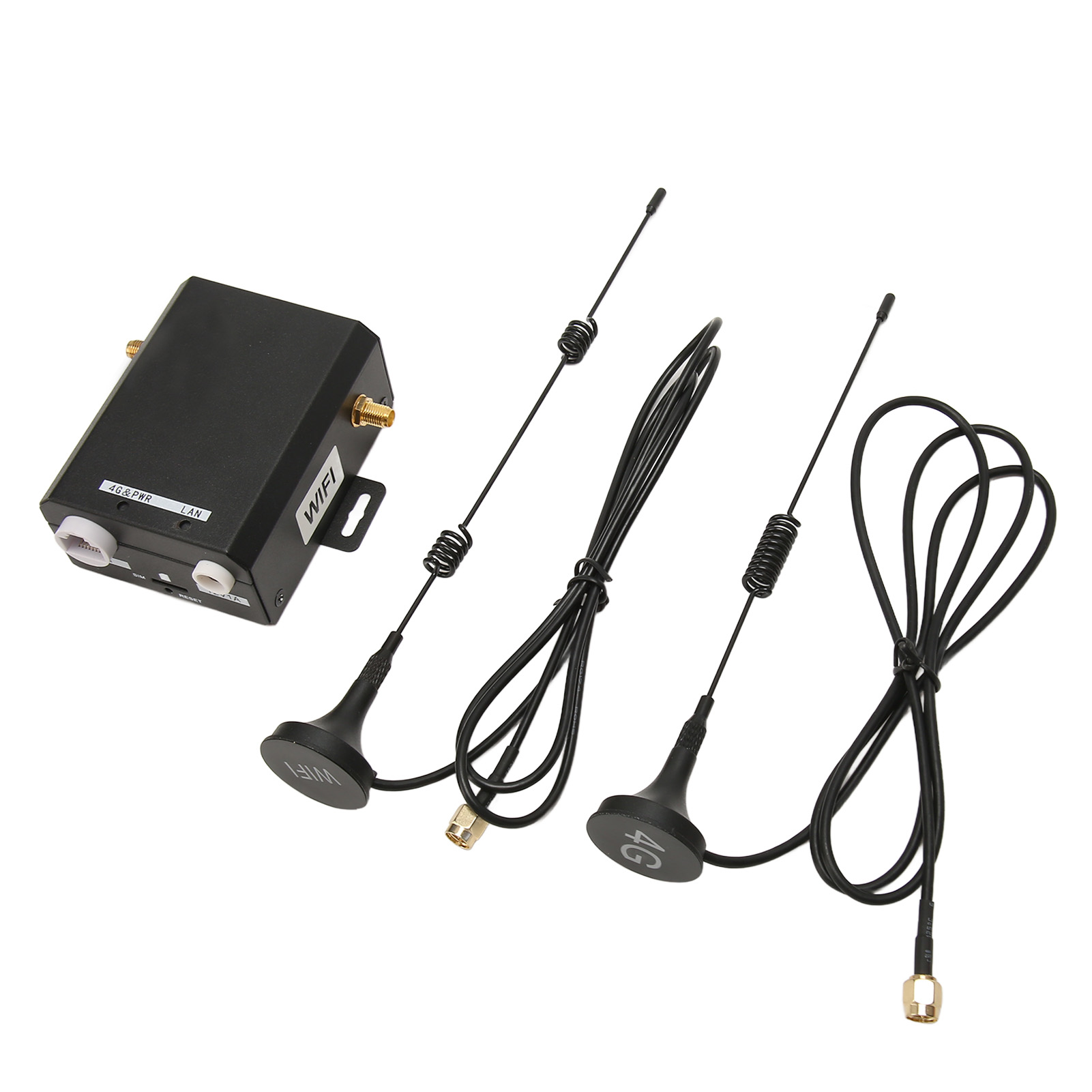 Schwarzer WLAN-Router und Antennen. Drei Antennen sind mit dem Router verbunden. 4G- und WIFI-Etiketten.