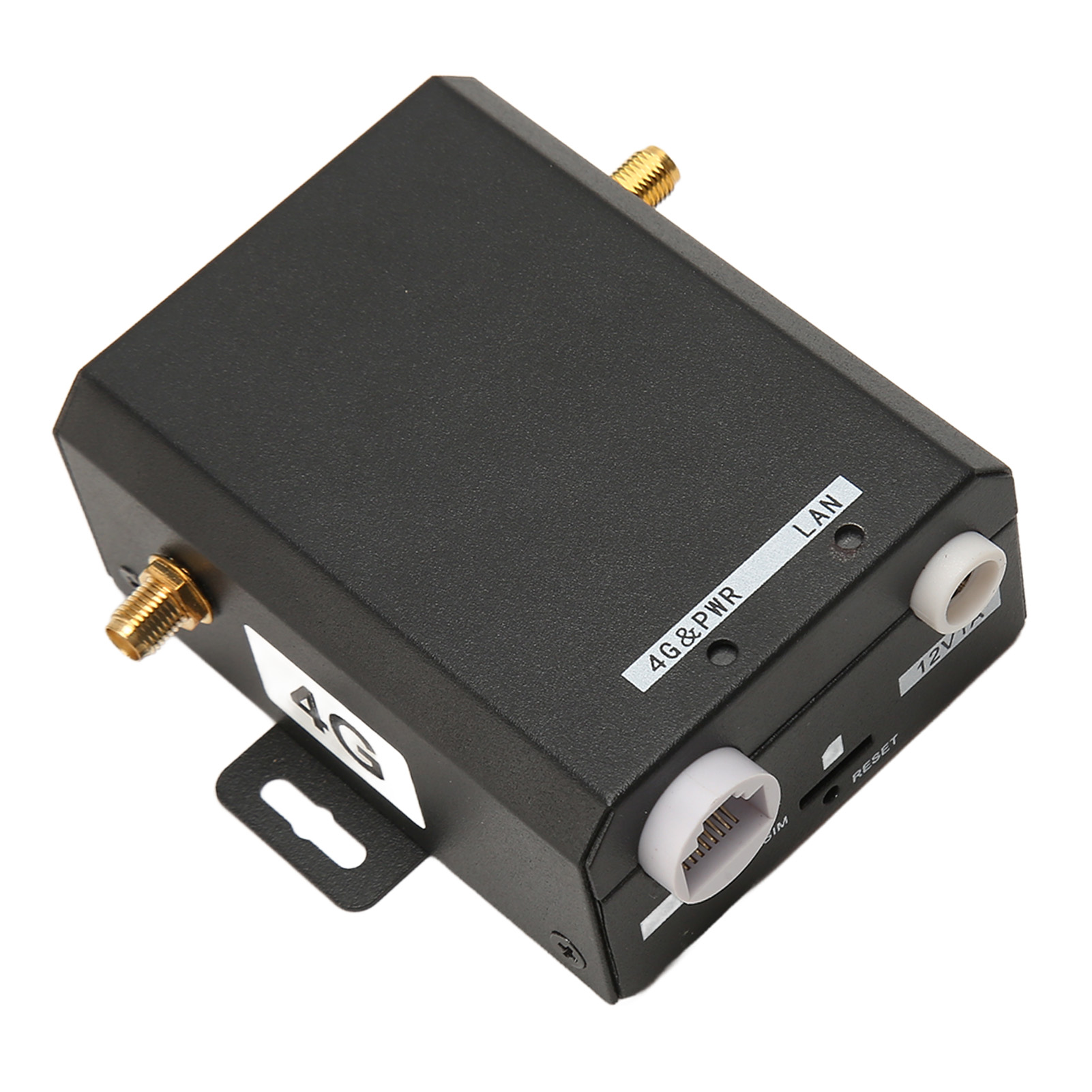 Ein schwarzer 4G-Router mit Antennen, Anschlüssen und Beschriftungen für 4G-, LAN- und 12V/1A-Anschlüsse.
