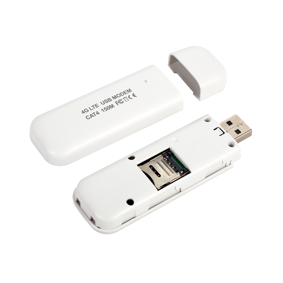 Weißes 4G LTE USB-Modem, mit abgenommener Kappe und einem Steckplatz für eine SIM-Karte.