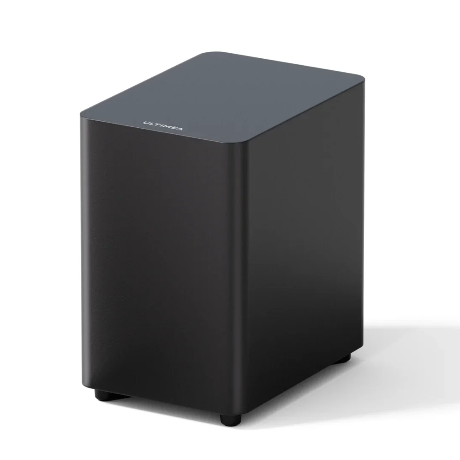 A black rectangular subwoofer with rounded corners, resting on small feet. The top has 'ULTIMEA' printed on it. White background.