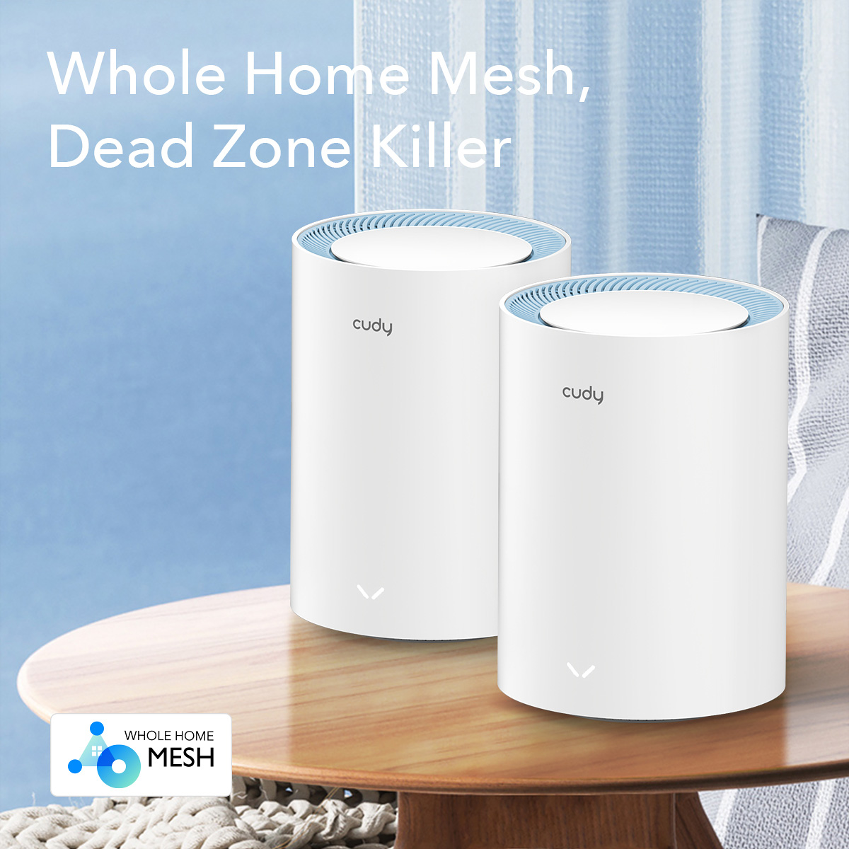 Dwa białe cylindryczne urządzenia Wi-Fi mesh na niebieskim tle. Tekst: 'Whole Home'.