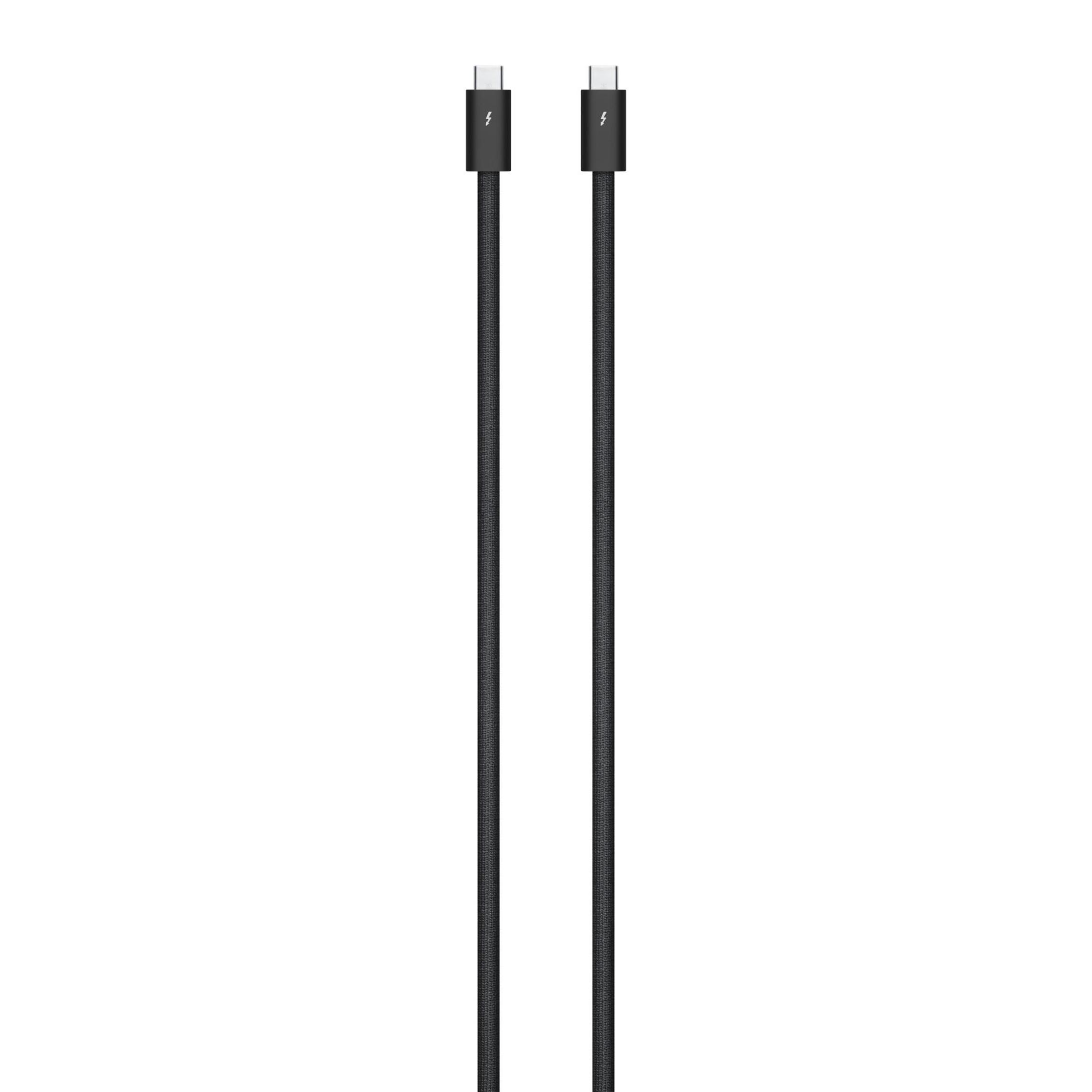 Due cavi Thunderbolt neri affiancati, con connettori USB-C, sfondo bianco.