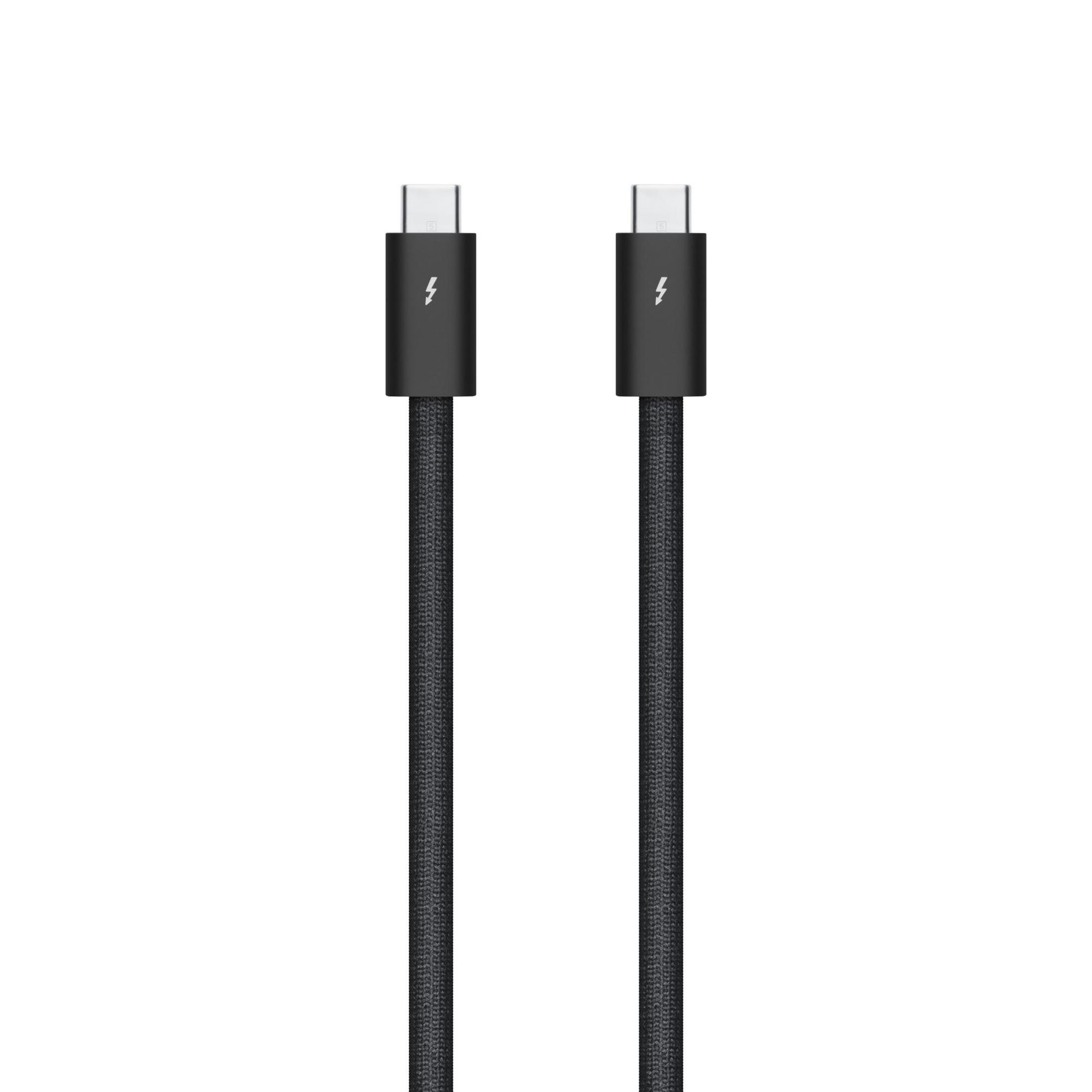 Due cavi Thunderbolt neri, connettori USB-C, su sfondo bianco.