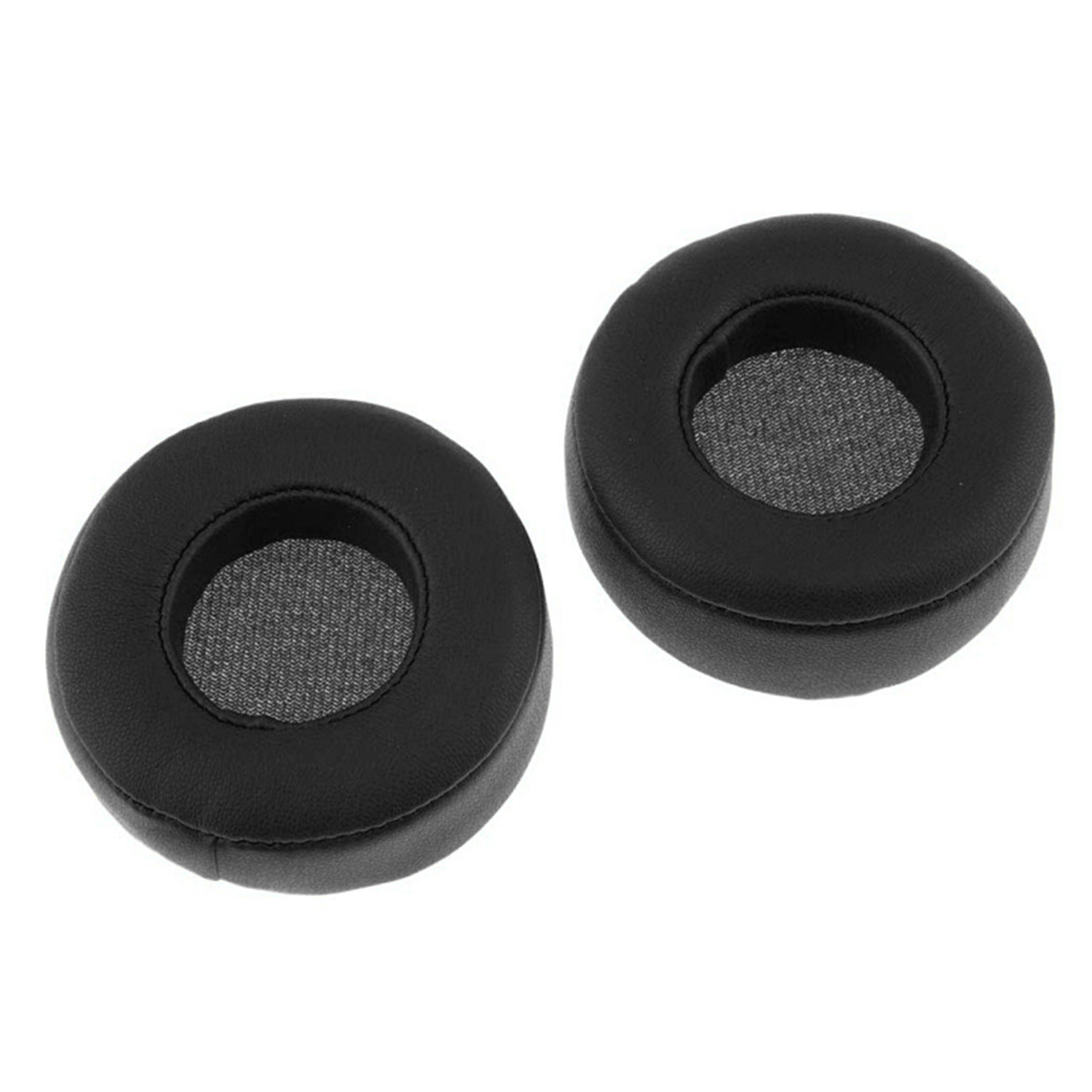 Due cuscinetti auricolari circolari neri per cuffie. Ognuno ha uno schermo a rete centrale e un anello esterno liscio.