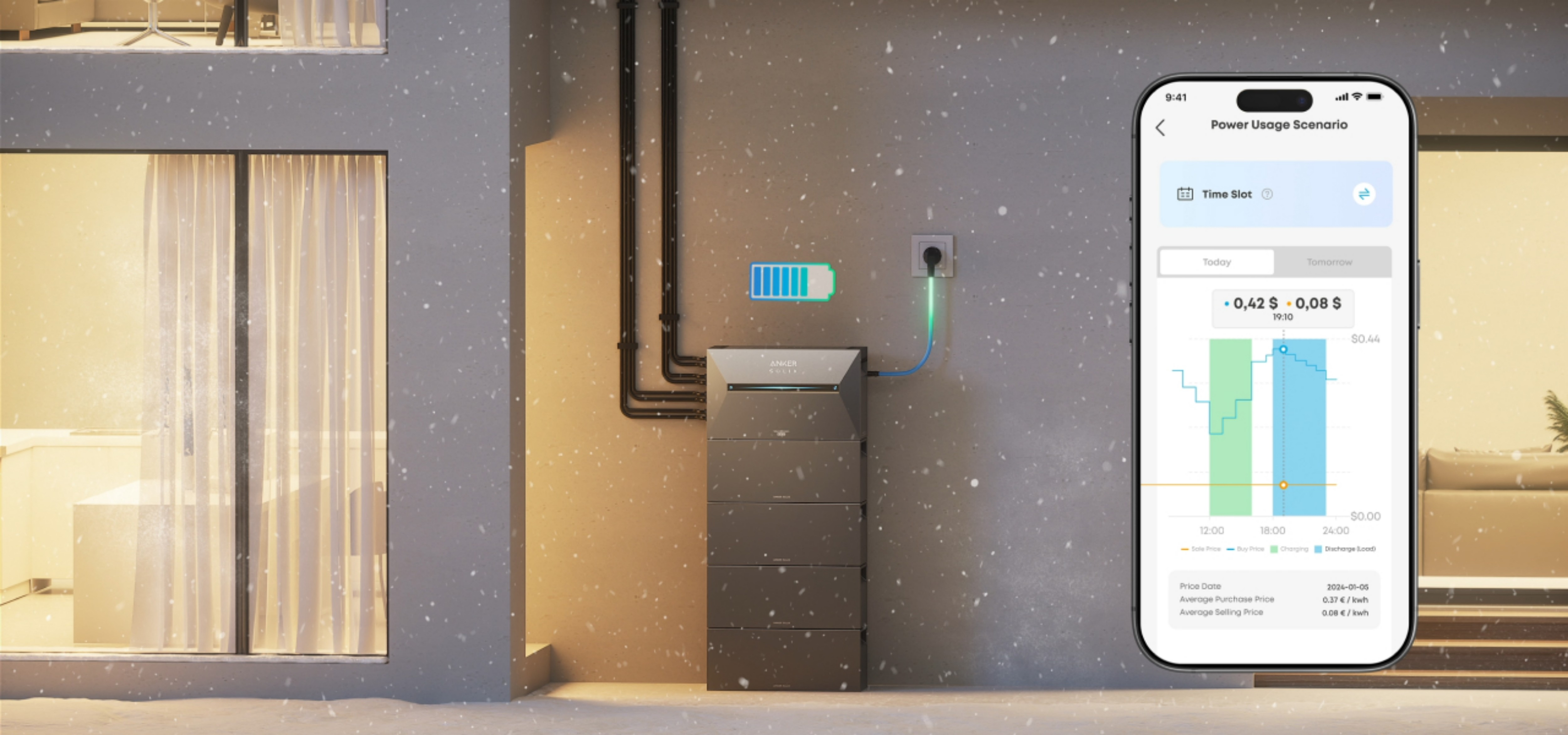 Scena zewnętrzna z domem, baterią i ekranem smartfona pokazującym zużycie energii zimą.