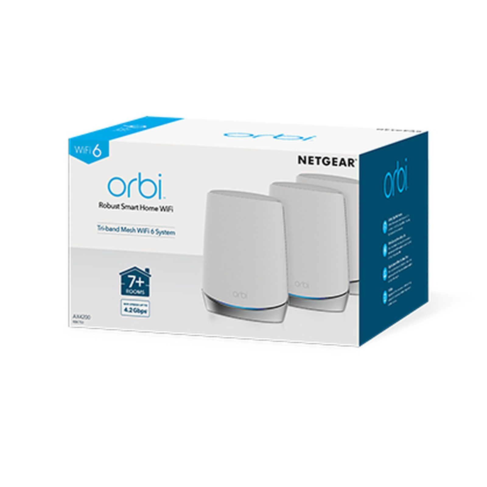 Weiße und graue WLAN-Router-Box. Die Box enthält den Produktnamen und beworbene Funktionen.