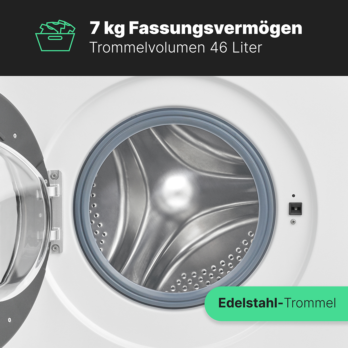 Waschmaschine mit offener Tür, Stahltrommel zeigend, und Text.