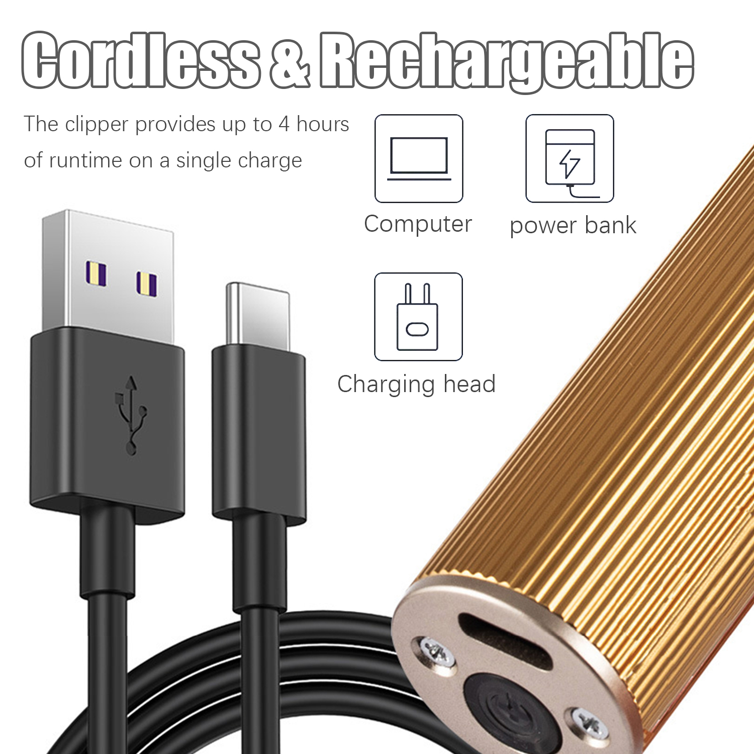 Kable do ładowania USB i USB-C oraz złote urządzenie do ładowania.