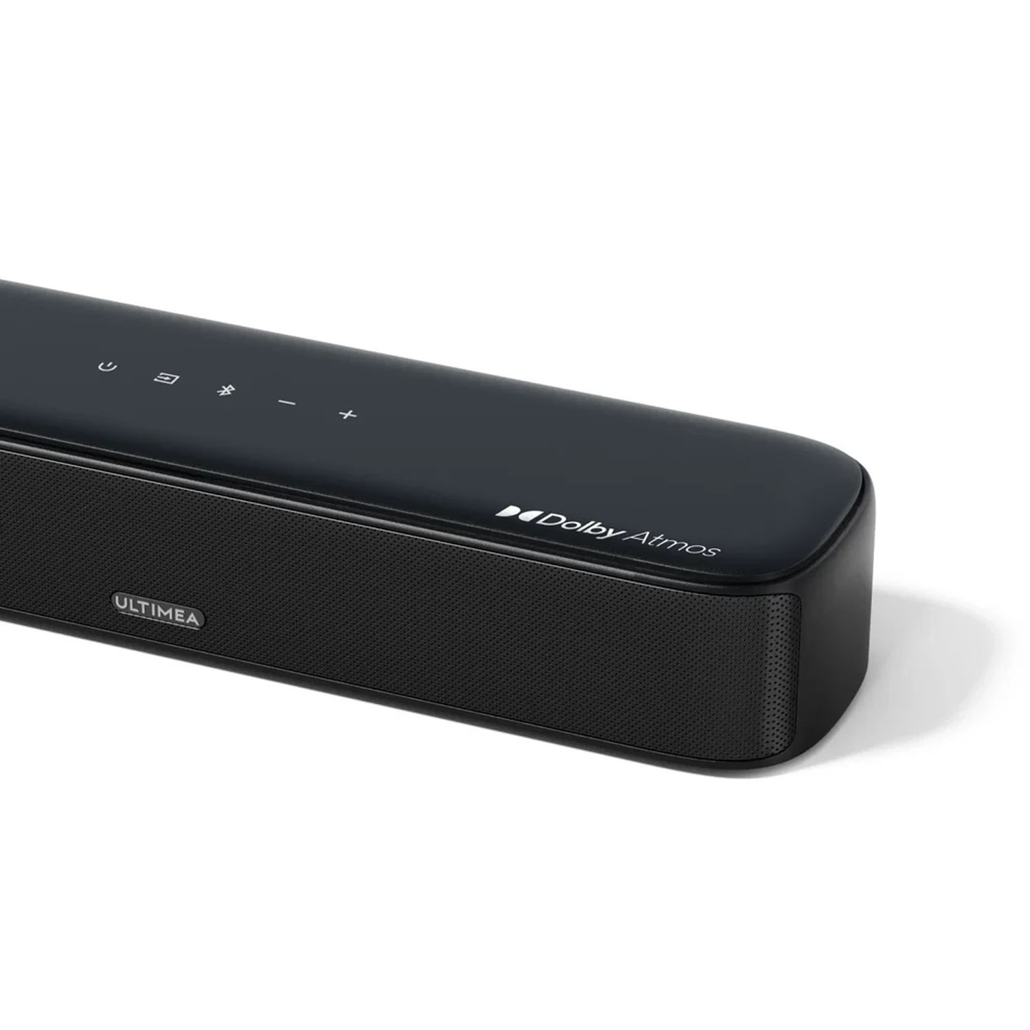 Barre de son noire avec façade en tissu, logo Dolby Atmos et boutons de contrôle.