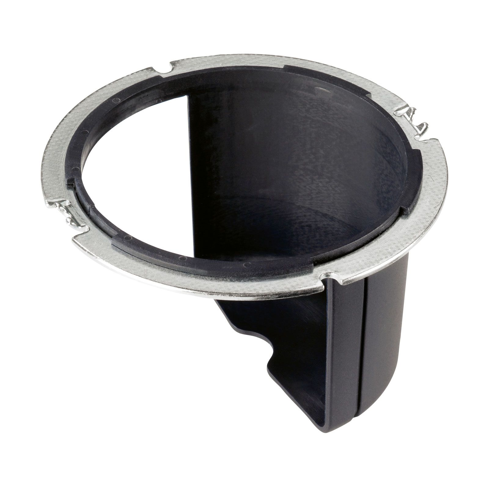 Schwarzes Kunststoff- und Metallfitting mit zylindrischer Form und kreisförmigem Flansch.