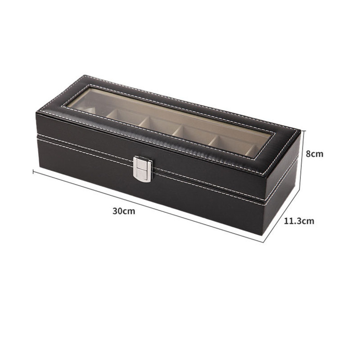 Schwarze Uhrenbox mit durchsichtigem Deckel, Abmessungen auf weißem Hintergrund.