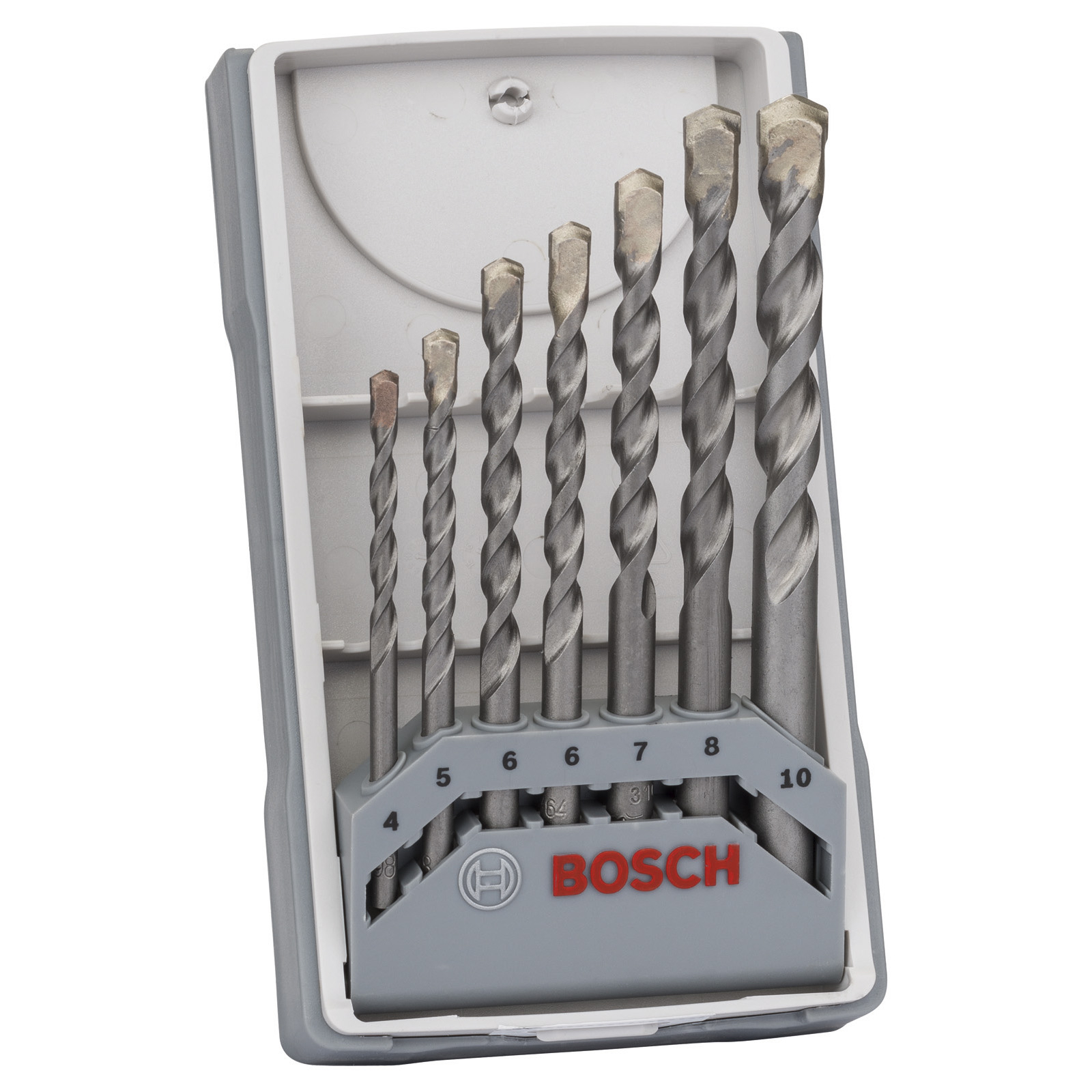 Bohrer-Set in grauem Koffer. Die Bits reichen von 4 mm bis 10 mm Größe.