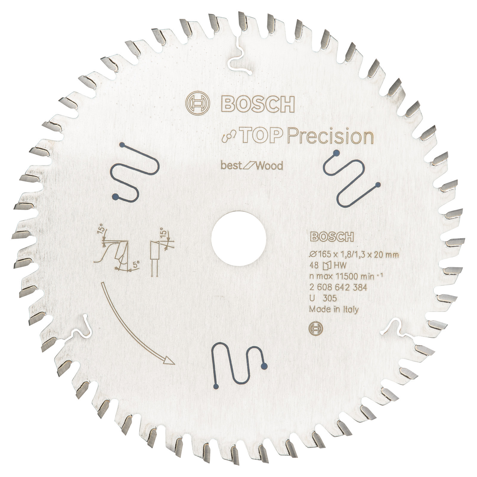 Lama per sega circolare con marchio Bosch, contrassegnata con misure e dettagli tecnici.