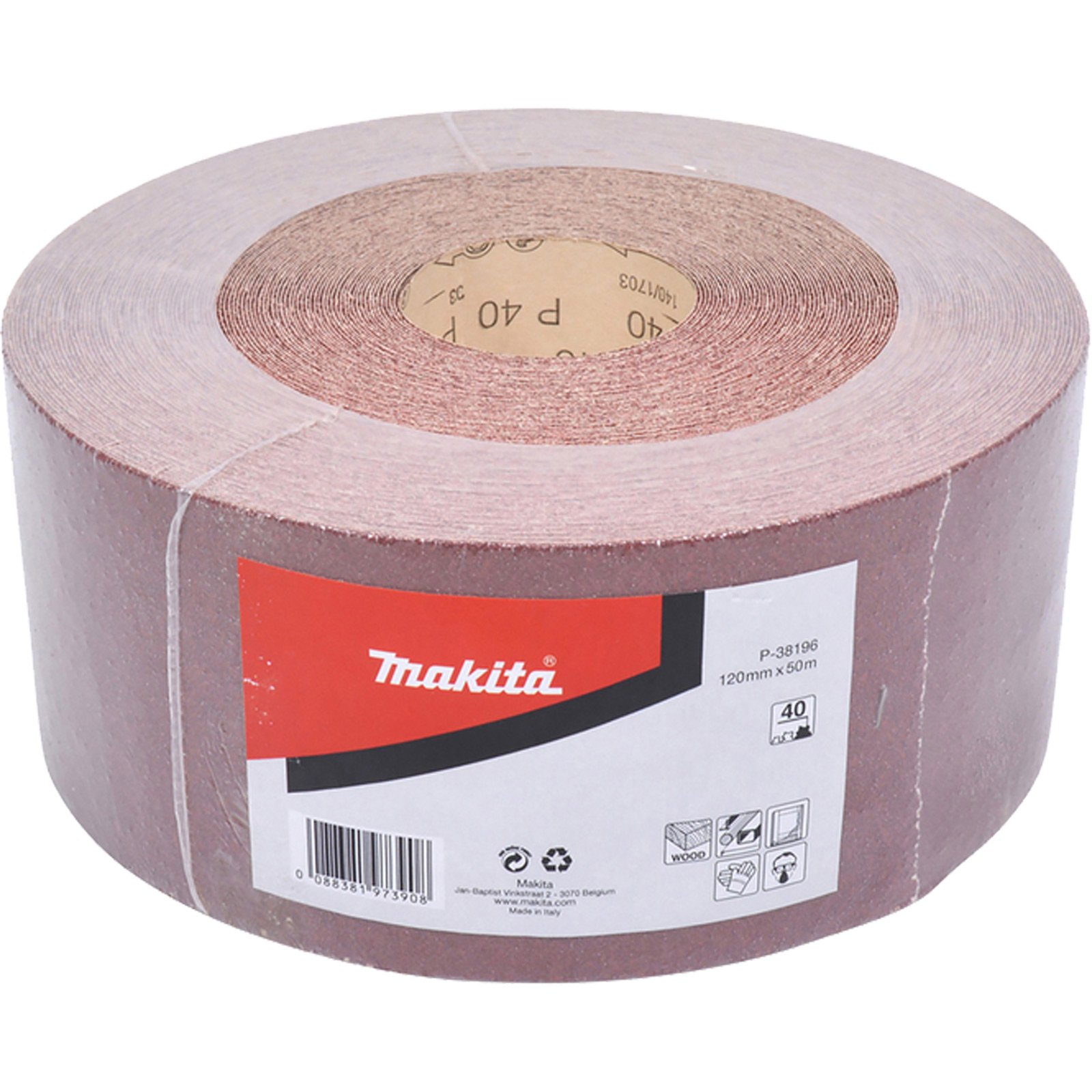 Braune Rolle Schleifpapier mit Makita-Etikett, auf weißem Hintergrund.