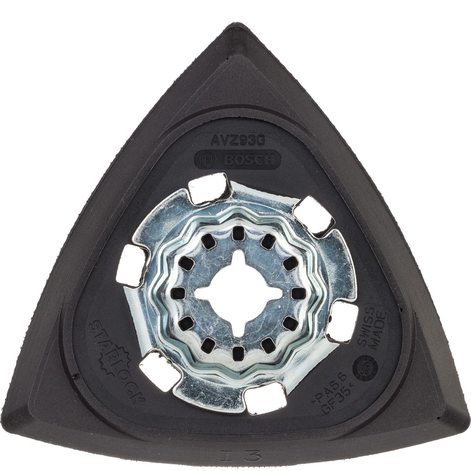 Dreieckiger schwarzer Schleifpad mit Metallmitte, für Multitools, auf Weiß.